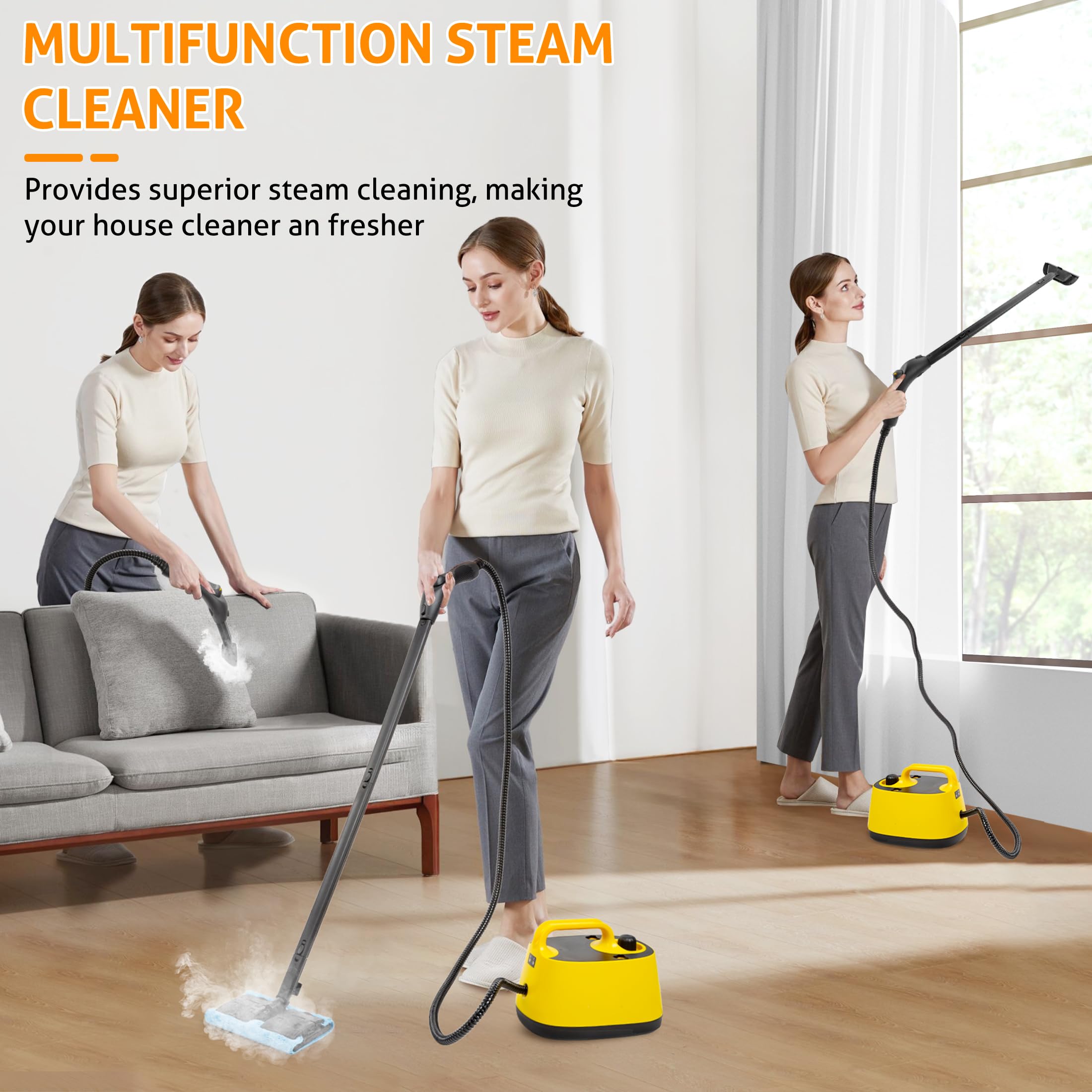 WICHEMI 1500W Multipurpose Steam Cleaner - High Pressure High-Temperature Steamer with 1.5L Tank & Wheels for Home, Car Detailing - Perfect for Cleaning Floors, Carpets, Upholstery, Kitchen, Bathroom & More