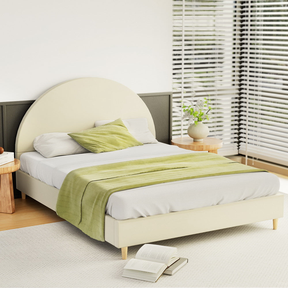 Ella Arched Queen Bed Frame - Cream Velvet Upholstered Platform Bed with Wooden Slats - Elegant Bedroom Furniture for Master Suite & Guest Room