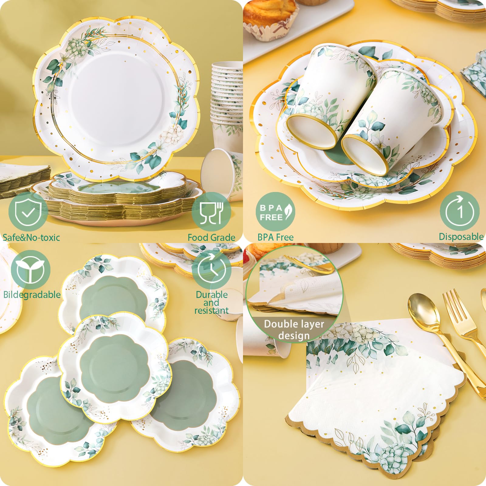 Sage Green Party Plates & Napkins Set - 24 Count Eco-Friendly Disposable Tableware for Birthday, Baby Shower, Bridal Shower, Wedding & Baptism - Elegant Garden Party Decorations & Dinnerware Supplies