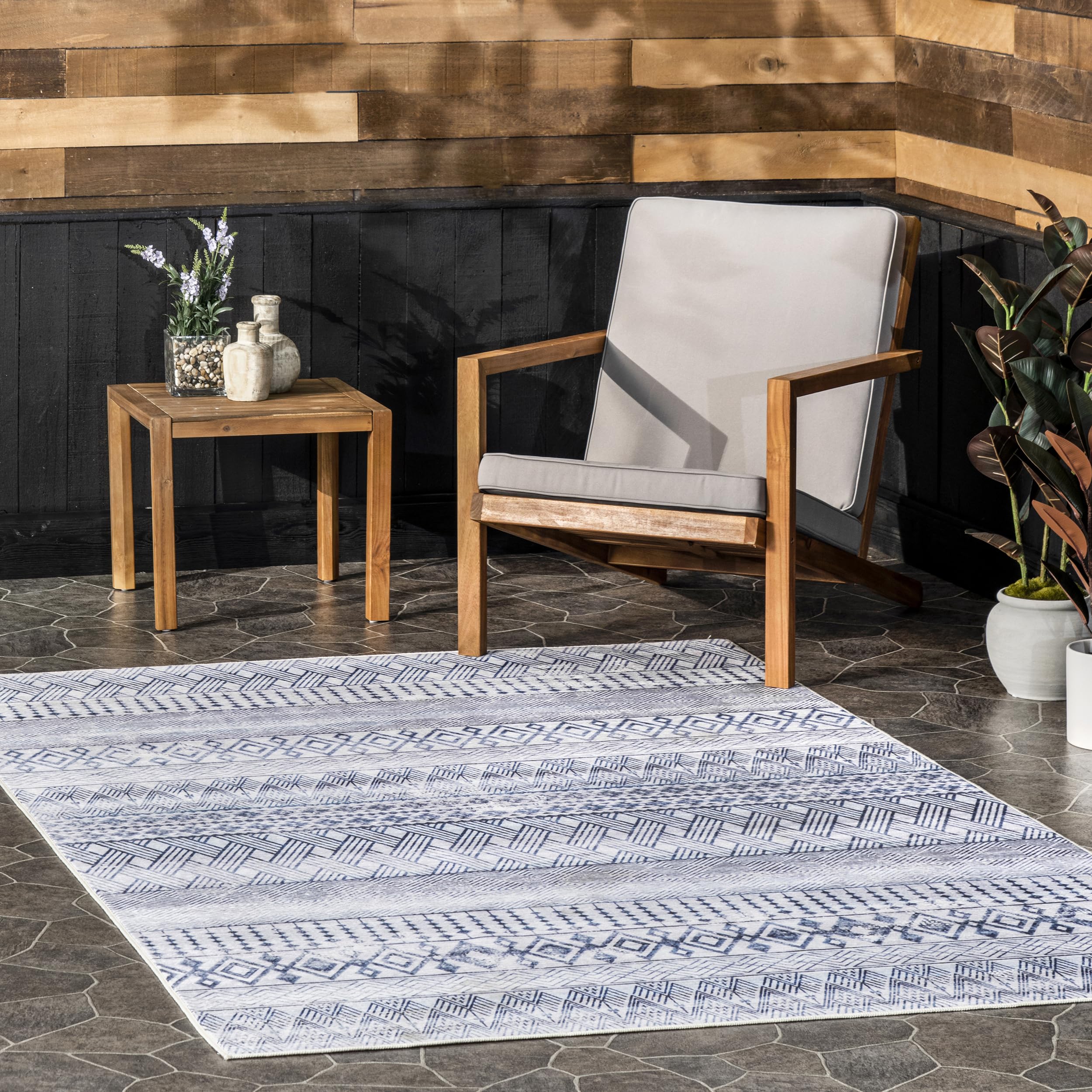 nuLOOM Codi Moroccan Banded Machine Washable Indoor/Outdoor Area Rug, 5'x8', Blue - Perfect for Living Room, Bedroom, Patio & Deck Decor