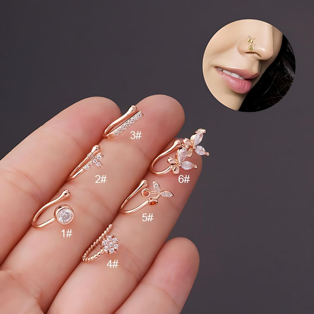18K Rose Gold Cherry Fake Nose Ring - No Piercing Clip On Nose Stud - Perfect for Parties, Cosplay & Everyday Fashion Accessories