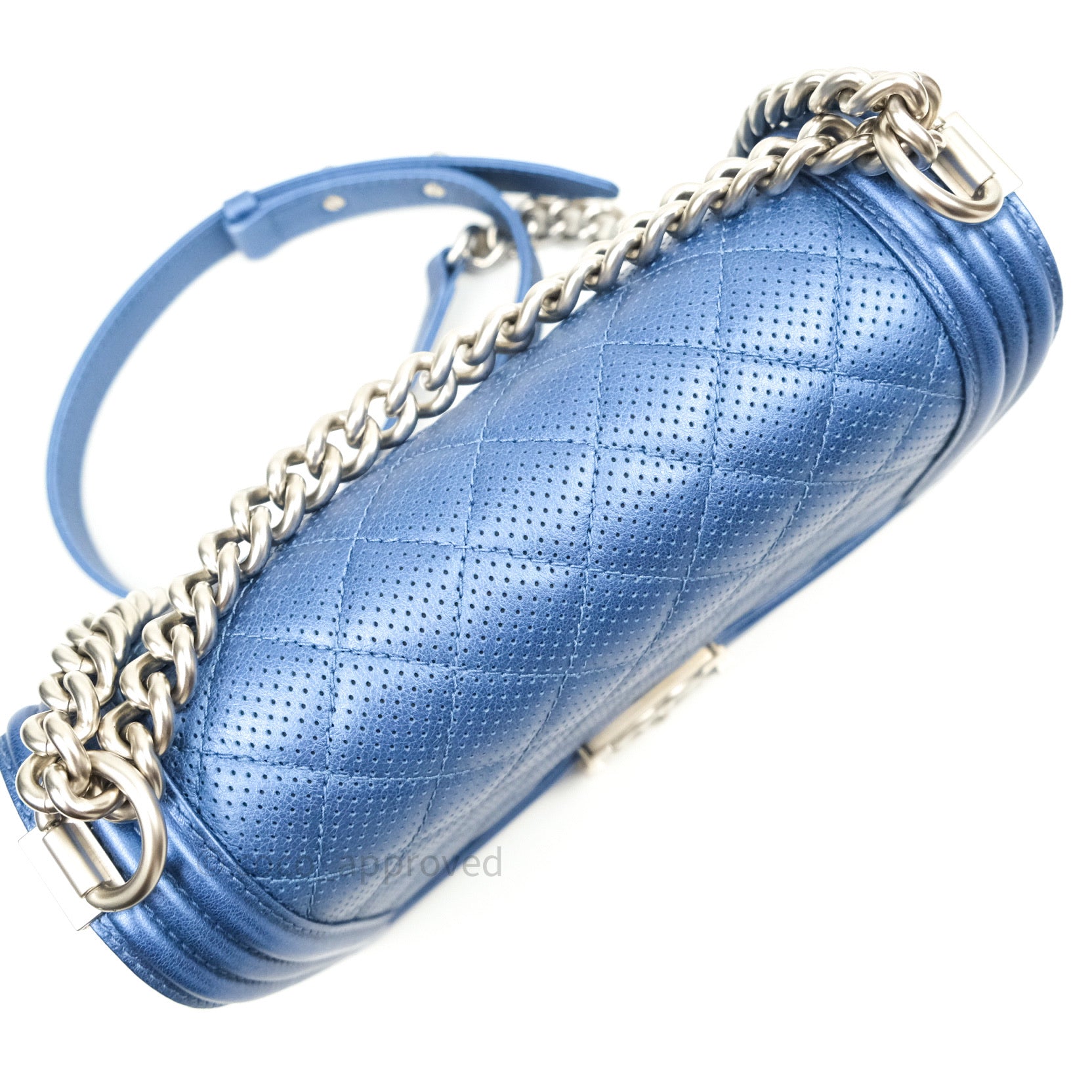 Chanel Boy Medium Handbag in Blue Metallic Calfskin with Perforated Design & Silver Hardware - Perfect for Evening Events, Date Nights, and Luxury Fashion Accessories