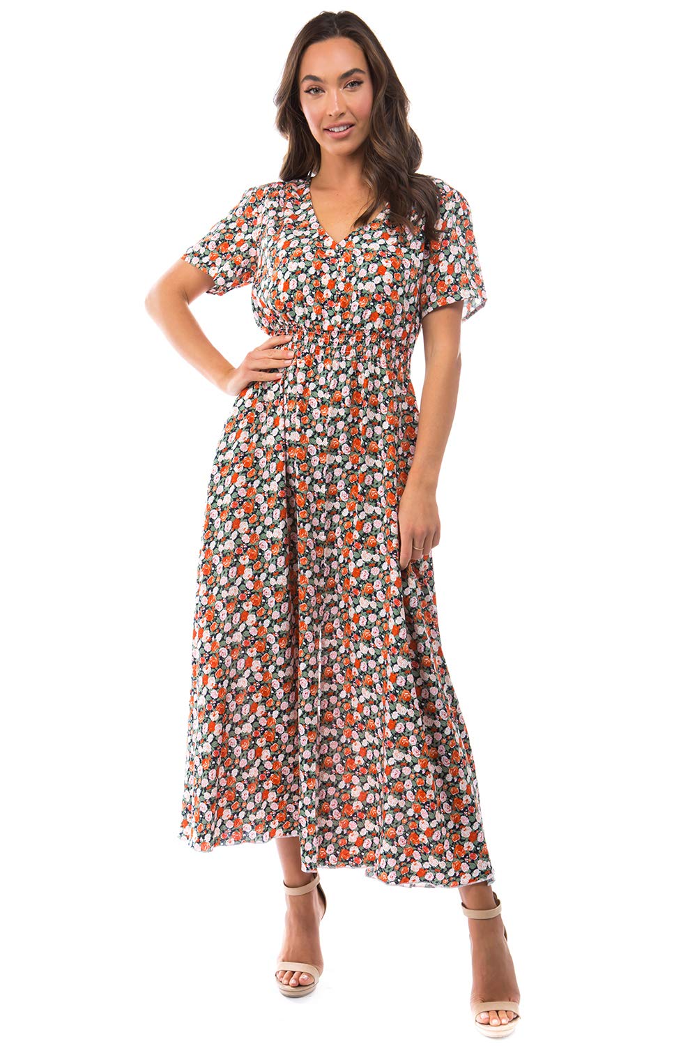MIAMINE Women's Floral Print V-Neck Maxi Dress with Pockets & Side Slit - Casual & Party Wear for Spring Fall Seasons | Perfect for Weddings, Date Nights & Office Outfits