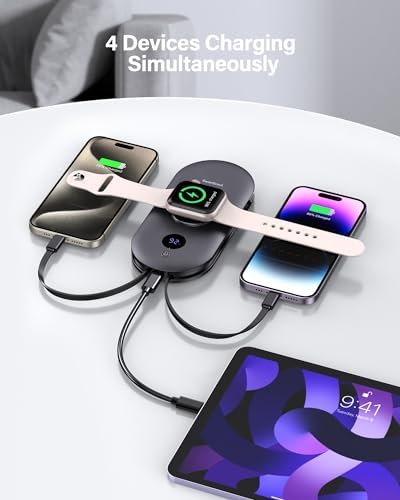 SwanScout 302A 10000mAh Portable Charger with Built-in Apple Watch Charger - Power Bank for iPhone, iPad, AirPods & Android Phones - Includes USB Cables & AC Wall Adapter - Perfect for Travel, Camping & Emergency Charging