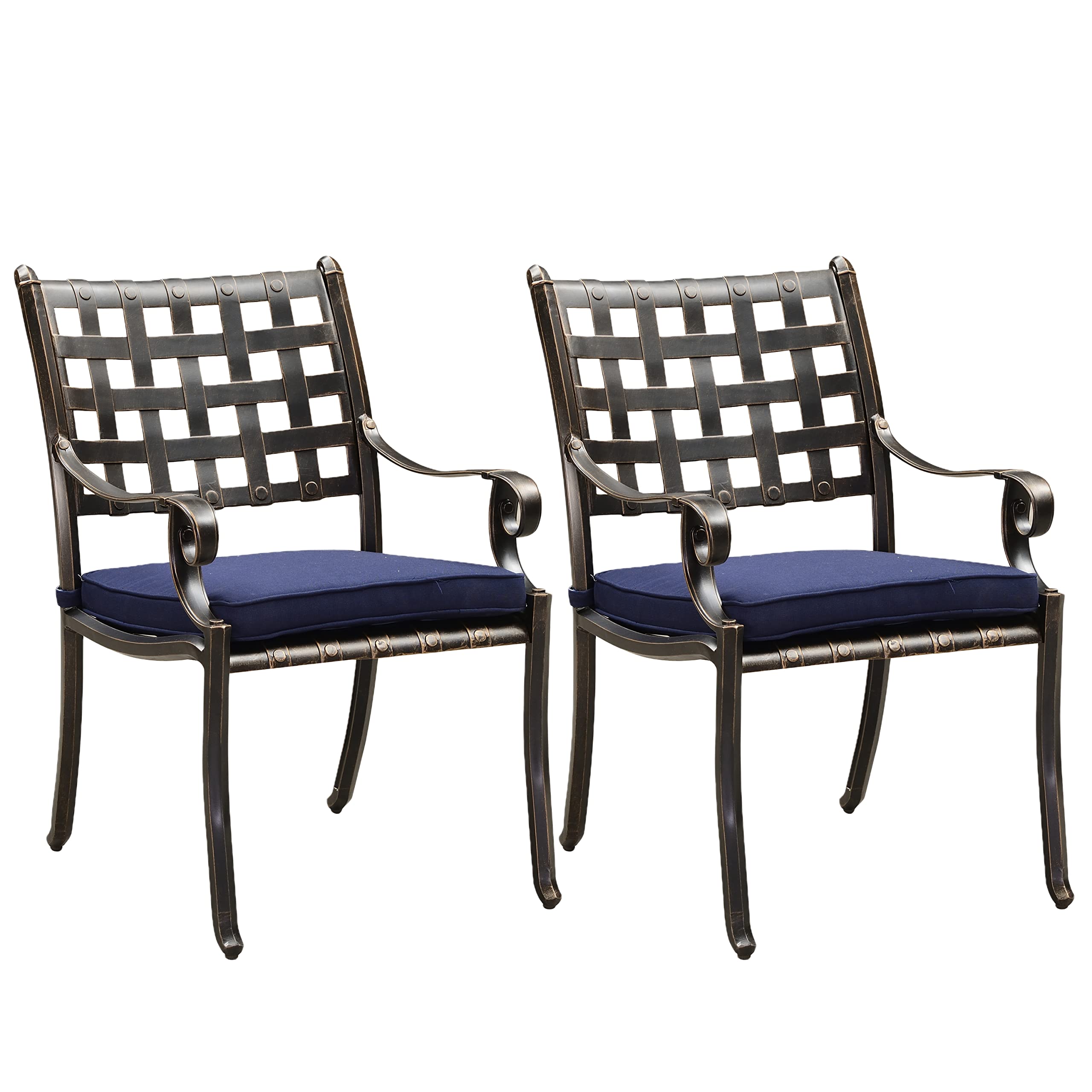 Purple Leaf Outdoor Dining Chair Set - 2 Cast Aluminum Patio Chairs with Cushions, Navy Blue Lattice Design for Lawn, Yard & Garden - Perfect for Backyard BBQs, Poolside Relaxation & Outdoor Entertaining