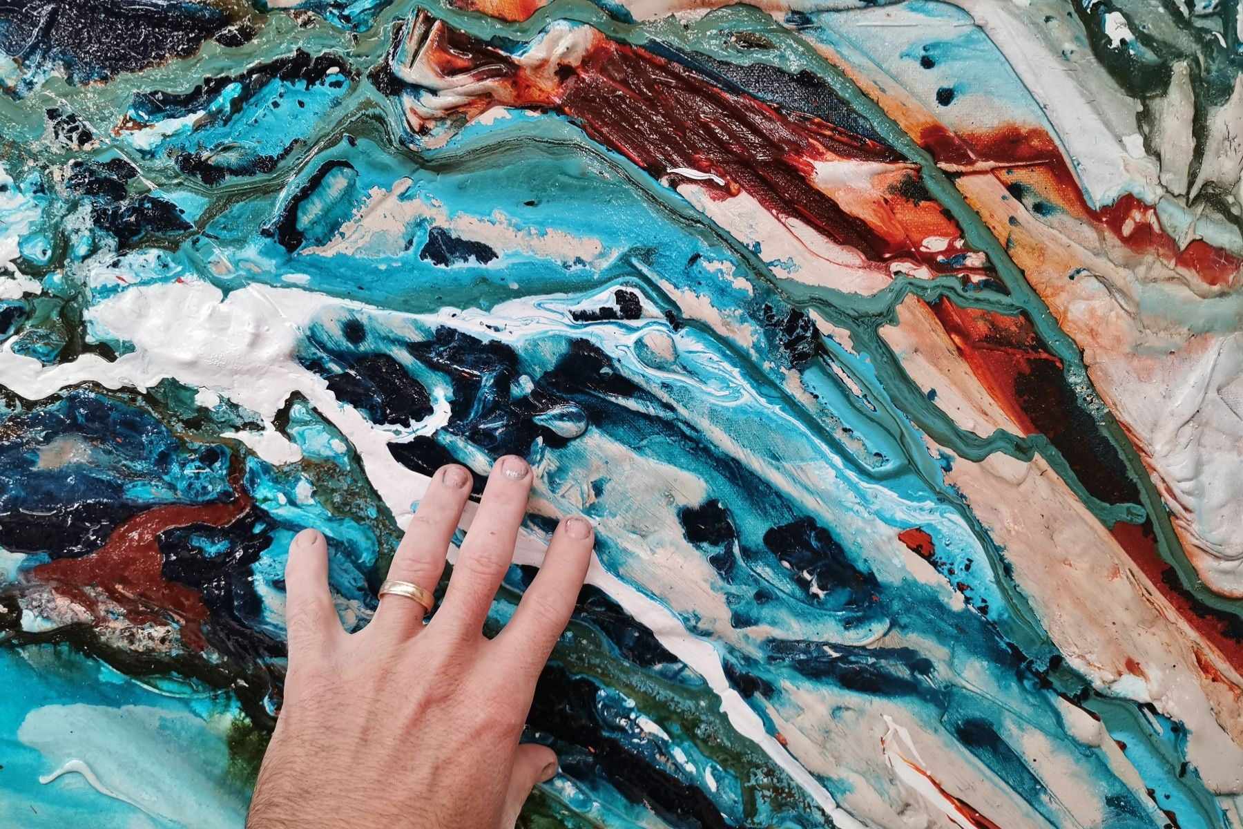 Turquoise Cream Textured Abstract Painting - 270cm x 120cm Crushed Southern Chill Style Wall Art for Living Room, Bedroom & Office Decor