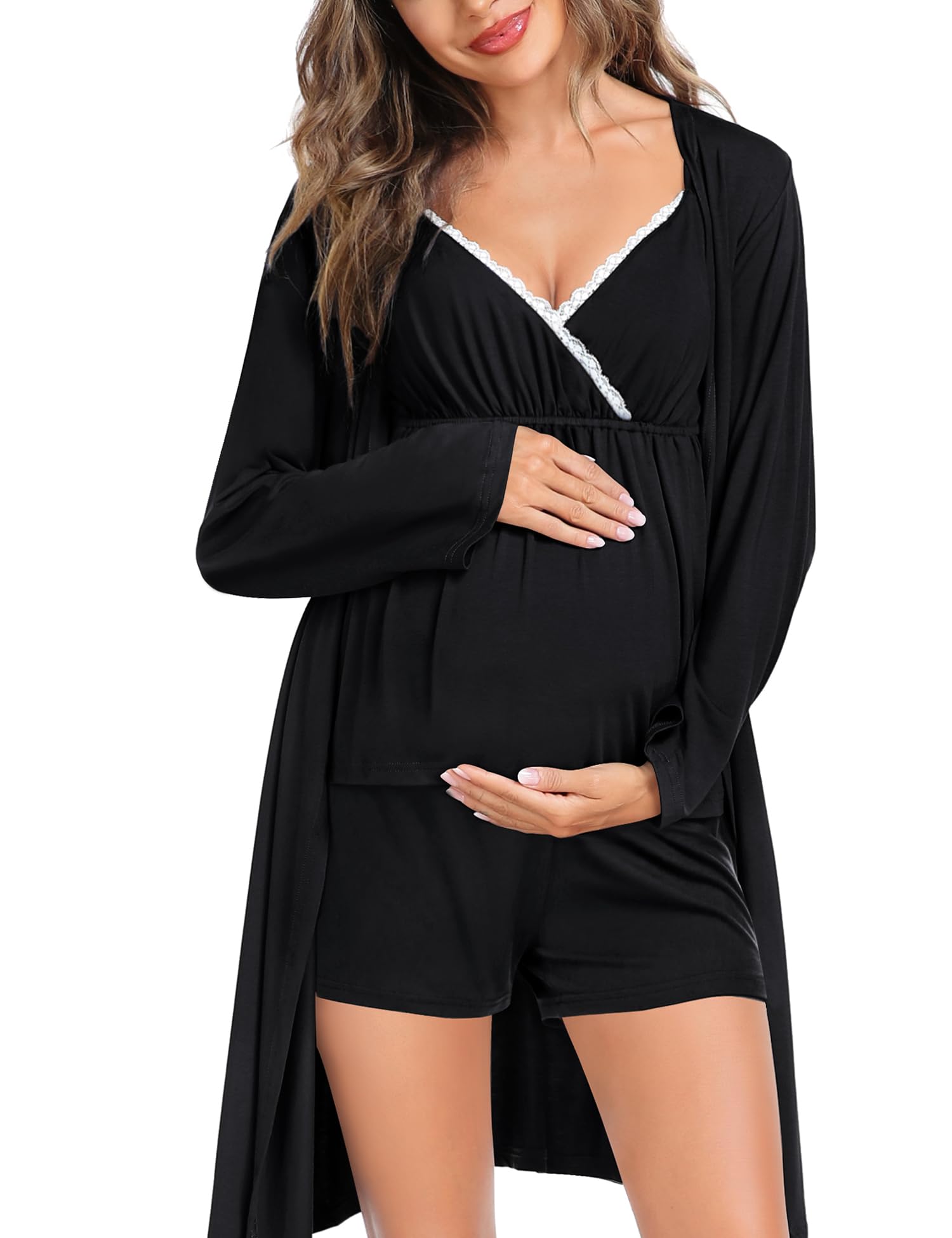 SWOMOG 3-Piece Maternity Robe & Nursing Pajama Set - Soft Breastfeeding Sleepwear for Hospital Delivery, Labor & Postpartum Recovery | Comfortable Pregnancy Pjs for New Moms (Use at Home, Hospital Stay & Nursing Sessions)