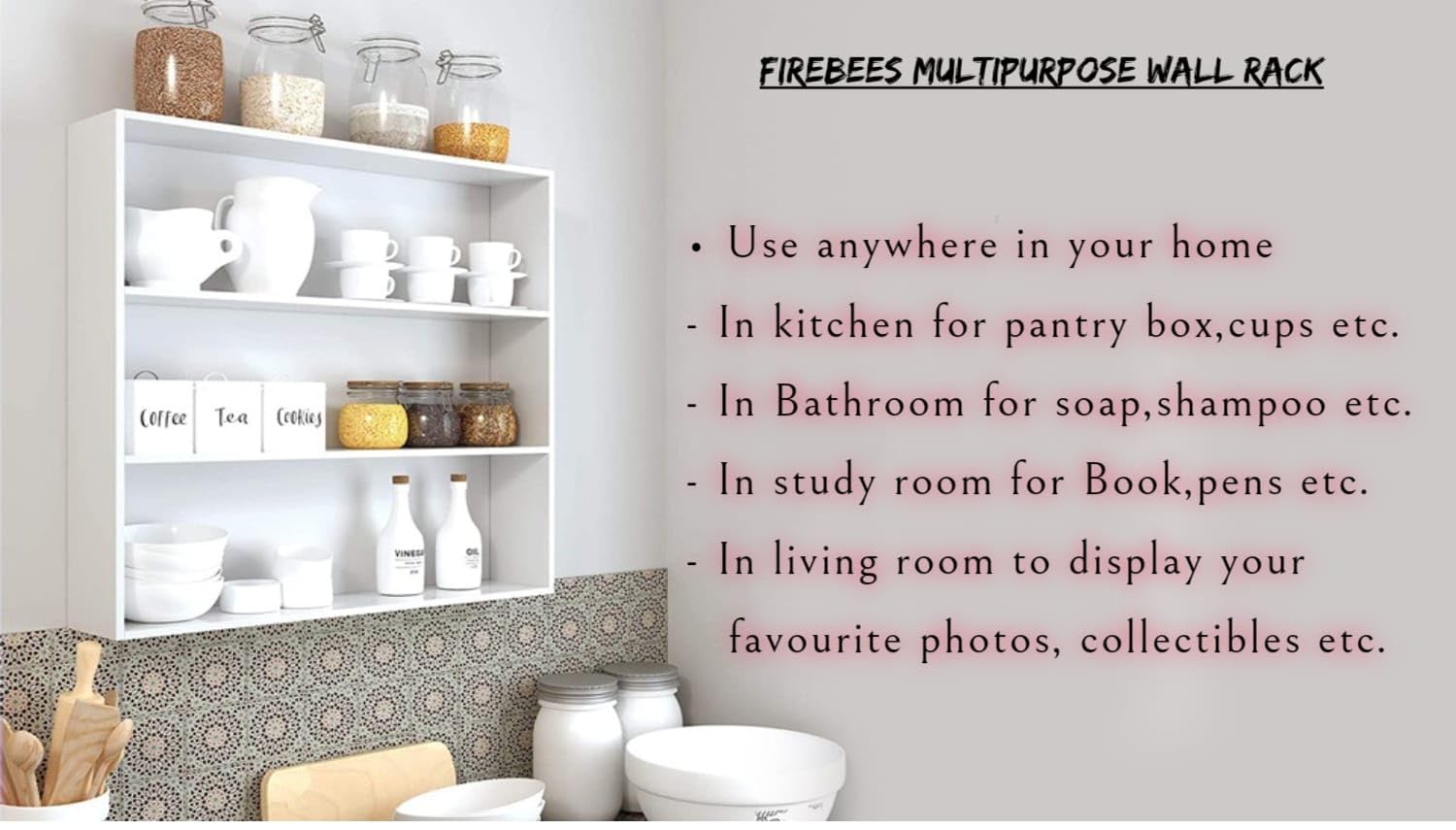 FireBees Wooden Wall Mounted Kitchen Storage Shelf - Space Saving Organizer for Spices, Utensils & Cookbooks - Perfect for Small Kitchens, Pantries & Bathroom Storage