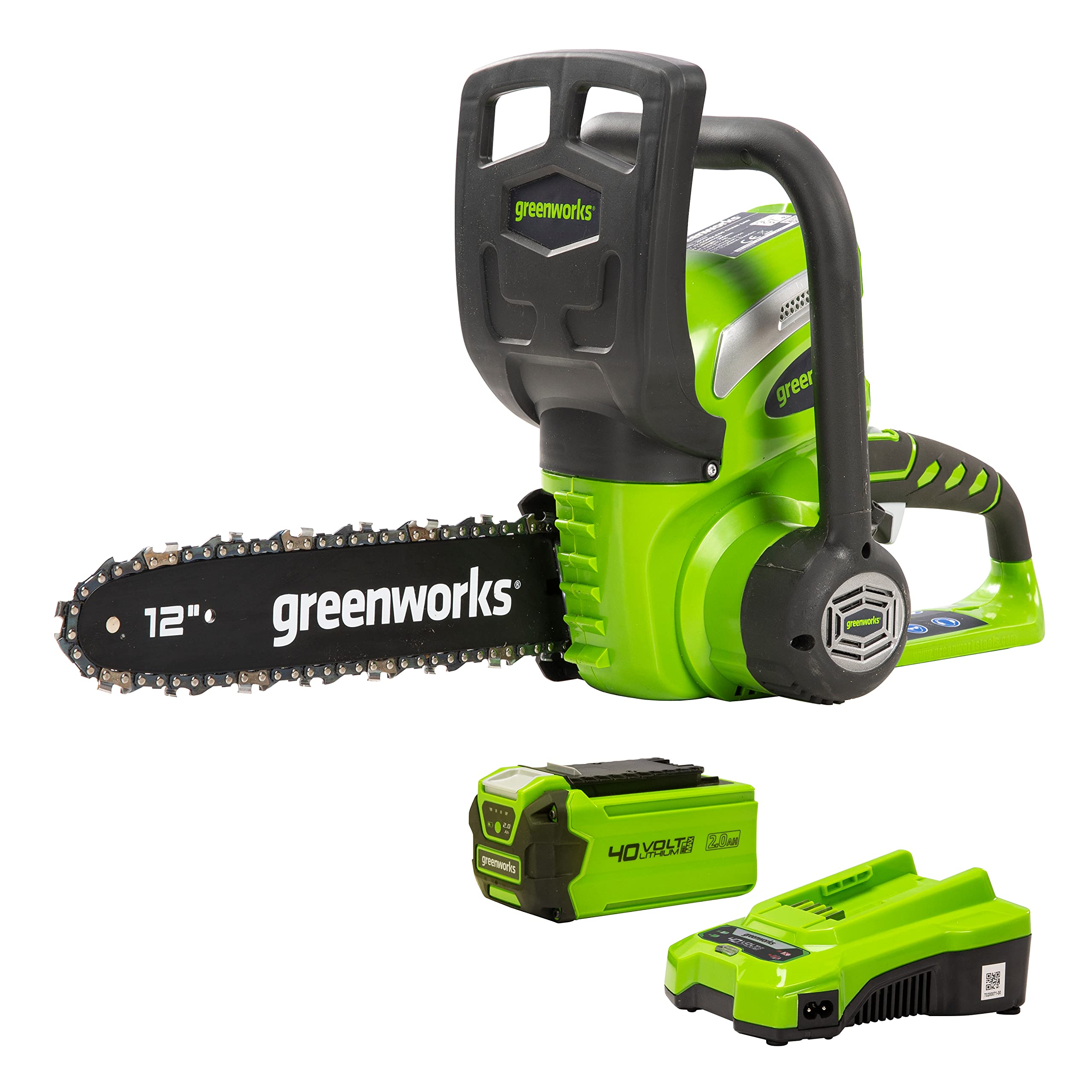 Greenworks 40V 12-Inch Cordless Chainsaw with 2.0Ah Battery & Fast Charger Included - Lightweight & Powerful for Tree Trimming, Branch Cutting, and Yard Maintenance (Model 2000219)