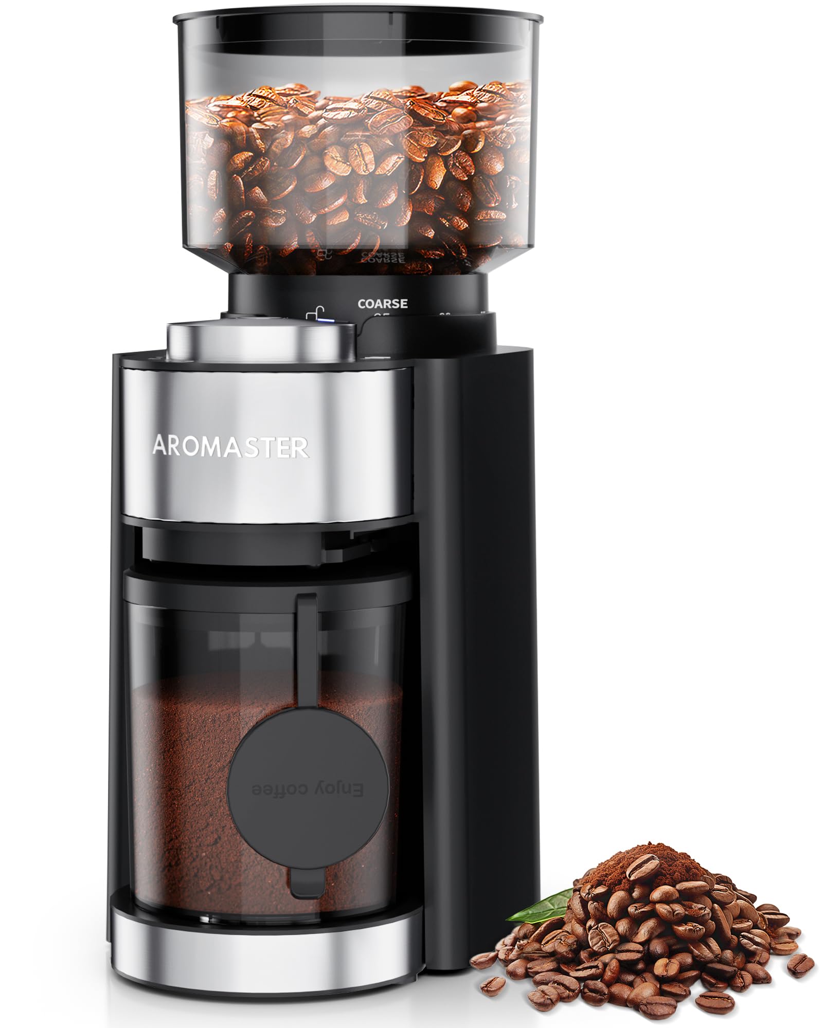 Premium Aromaster Burr Coffee Grinder - 25 Adjustable Grind Settings, 2-12 Cup Timer, Conical Burr Mill for Espresso, Drip & French Press - Includes Portafilter Holder & Cleaning Brush (Black) - Perfect for Home Baristas & Coffee Enthusiasts