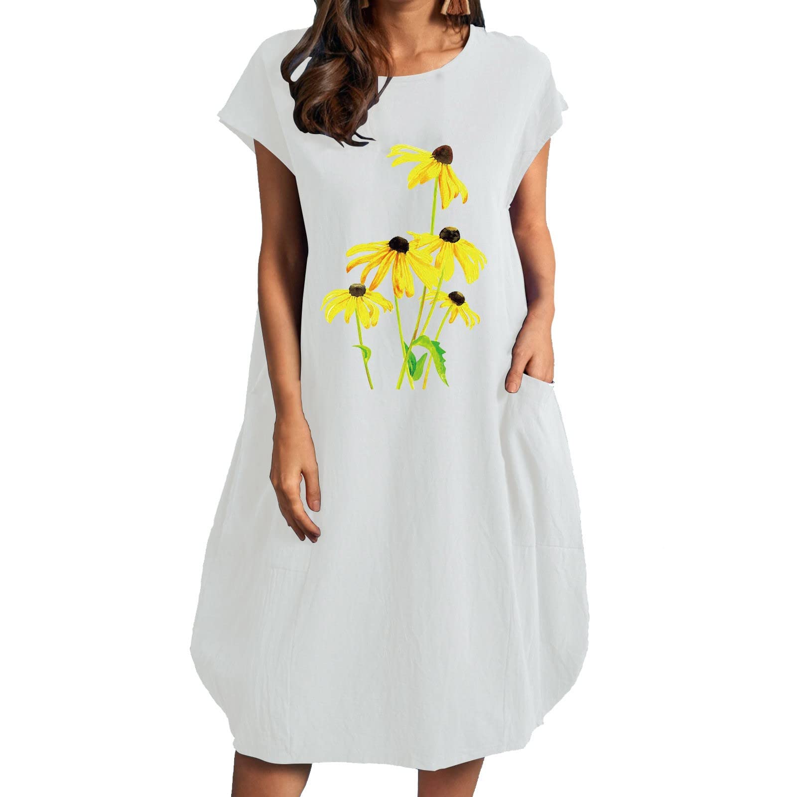 Women's Summer Daisy Print Loose Short Sleeve Dress with Pocket - Casual Round Neck Flowy Sundress for Beach, Vacation & Everyday Wear