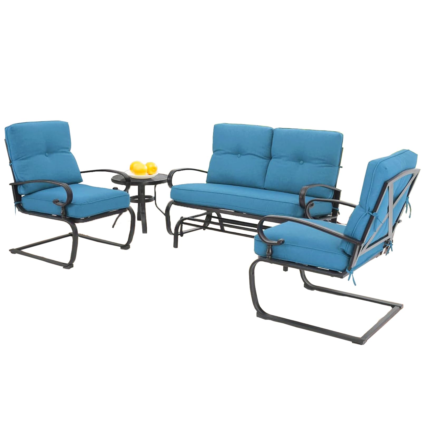 SOLAURA 4-Piece Outdoor Patio Furniture Set - Peacock Blue Glider Loveseat Swing, Spring Lounge Chairs & Side Table - Perfect for Garden, Deck, Balcony, Poolside & Lawn Relaxation | Durable Weather-Resistant Conversation Set for Outdoor Entertaining