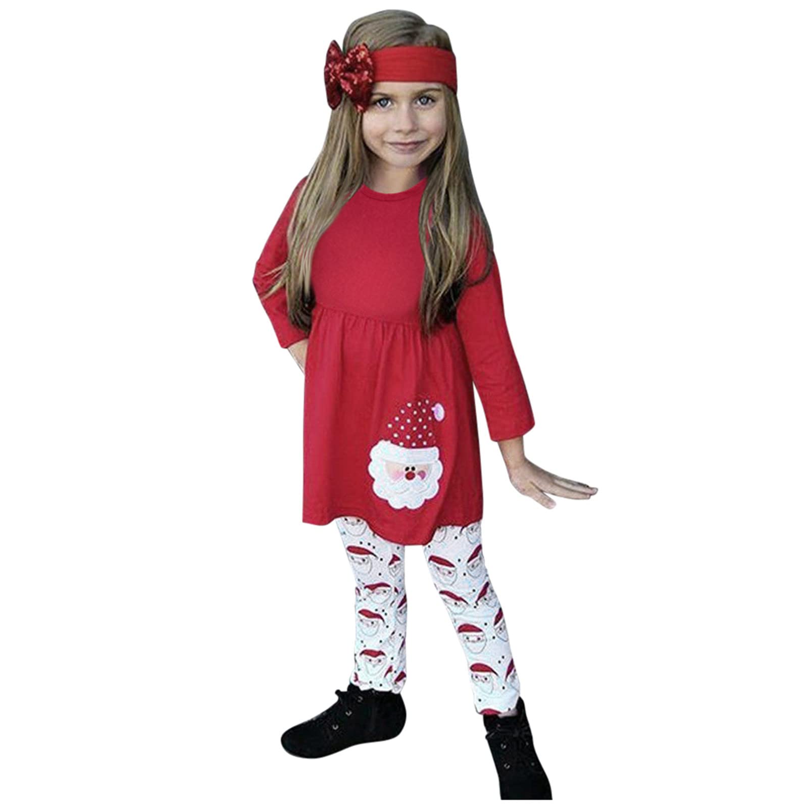 Baby Girls Christmas Outfits - Santa Printed Top & Pants Set with Cartoon Headband | Holiday Toddler Clothes for Xmas Party, Family Photos & Festive Celebrations