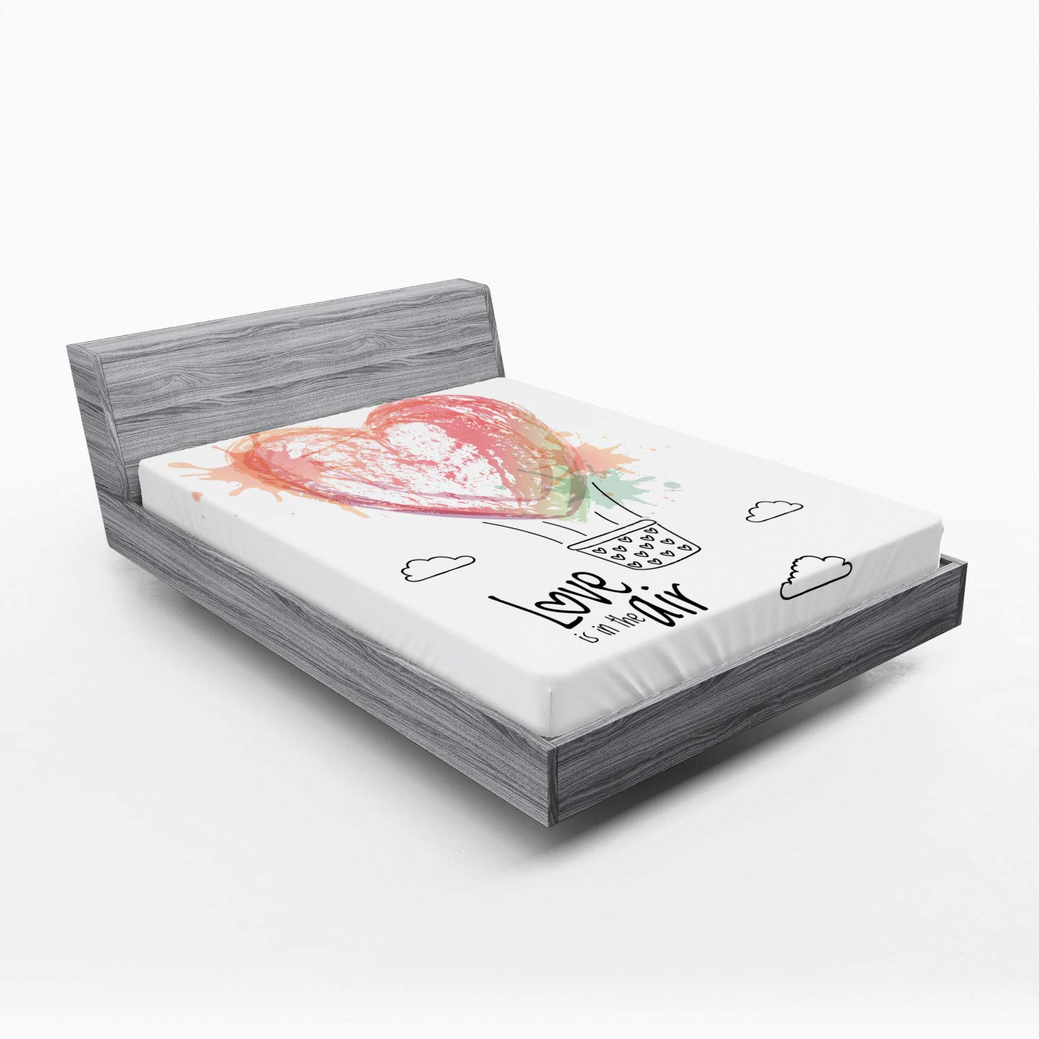Ambesonne Valentine's Day Fitted Sheet - Romantic Heart Balloon Design with 'Love is in The Air' Phrase, Deep Pocket Elastic Queen Size Bed Sheet for Comfort, Multicolor | Perfect for Couples' Bedrooms, Anniversary Gifts & Romantic Getaways
