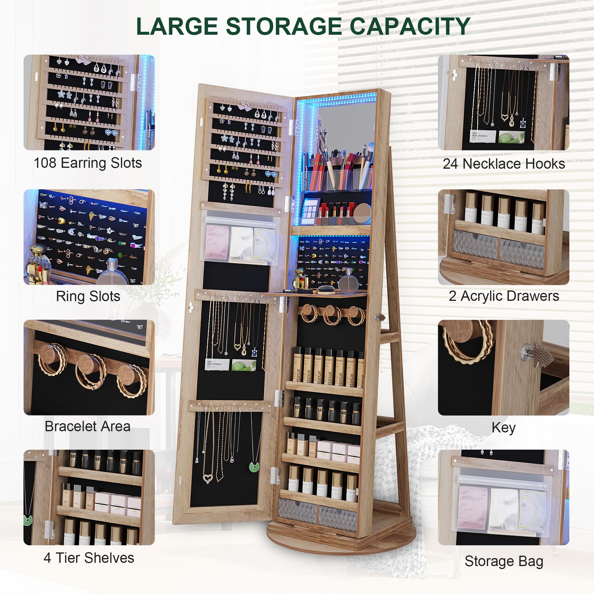 360° Swivel Jewelry Cabinet with LED Lights - Standing Jewelry Armoire Organizer with Full Length Mirror & Lockable Storage | Wooden Jewelry Box for Bedroom, Closet & Dressing Room Organization