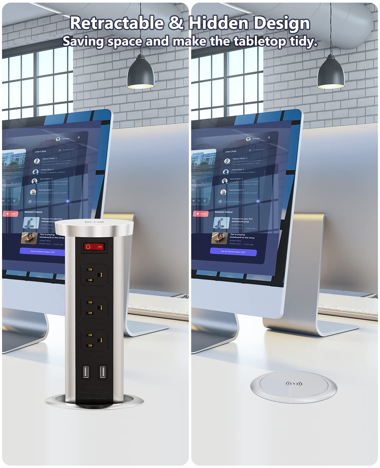 Pop Up Outlet Wireless Charger with 3 AC Outlets & 2 USB Ports - Automatic Recessed Power Outlet for Kitchen Countertop, Office Desk & Conference Room - Black | Space-Saving Charging Solution for Home & Work