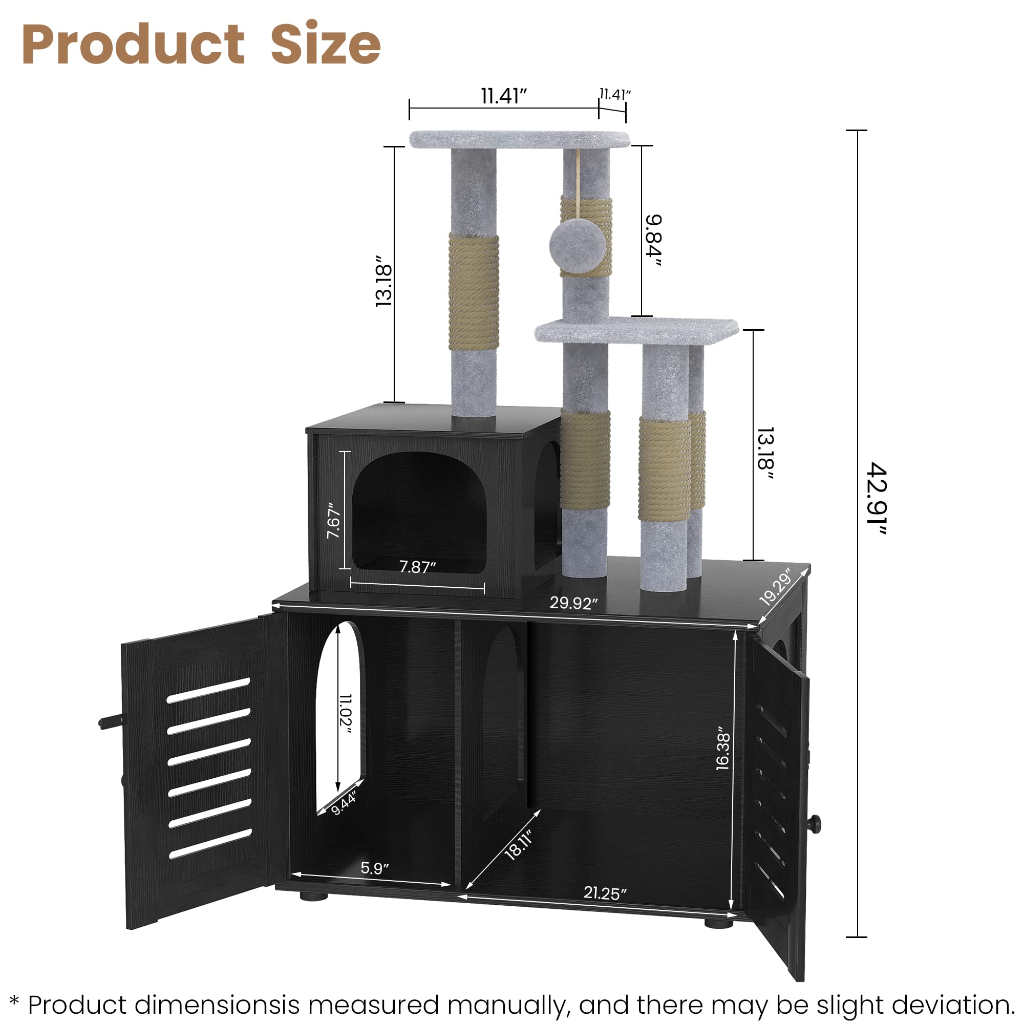 Recaceik Wooden Cat Litter Box Enclosure with Cat Tree - Hidden Washroom Furniture with Divider, Scratching Post & Plush Perch - Indoor Pet Cabinet for Small Spaces (Black) | Perfect for Apartments & Multi-Cat Homes