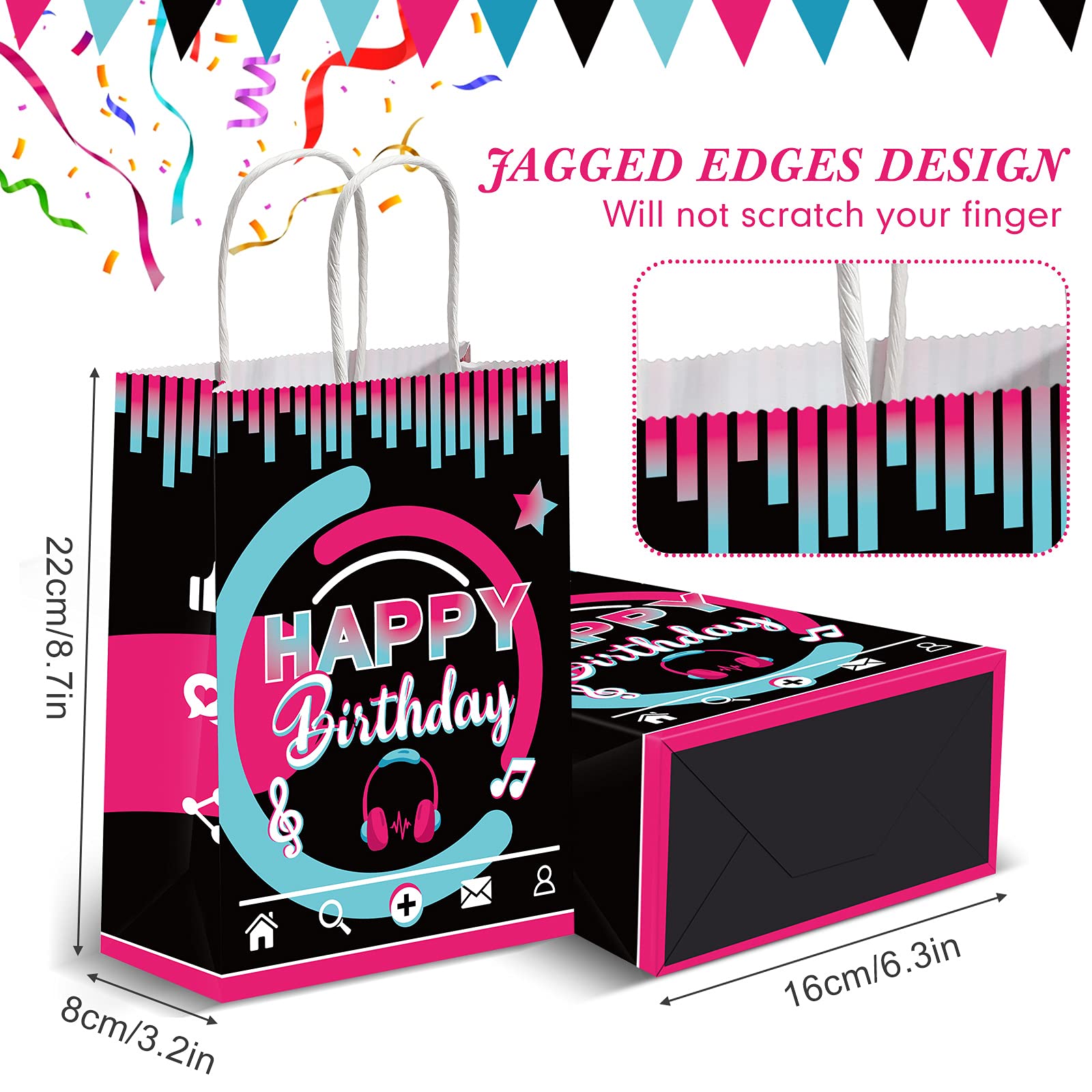 16-Piece Kraft Paper Music-Themed Gift Bags with Handles - Birthday Party Favors, Candy Treat Bags, Social Media Theme Decorations - Perfect for Birthday Parties, Baby Showers & Holiday Celebrations