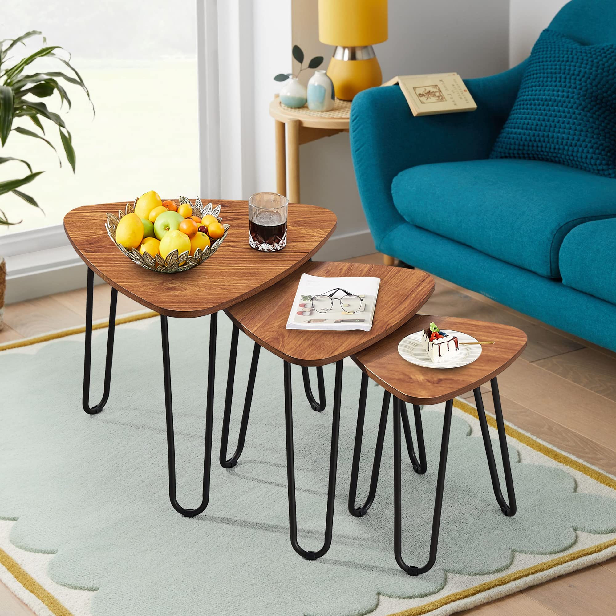 VECELO 3-Piece Nesting Coffee Tables Set with Sturdy Metal Frame, Triangle Stacking End Tables for Living Room, Bedroom & Office - Easy Assembly, Rustic Brown Finish - Perfect for Small Spaces, Modern Home Decor & Coffee Table Styling