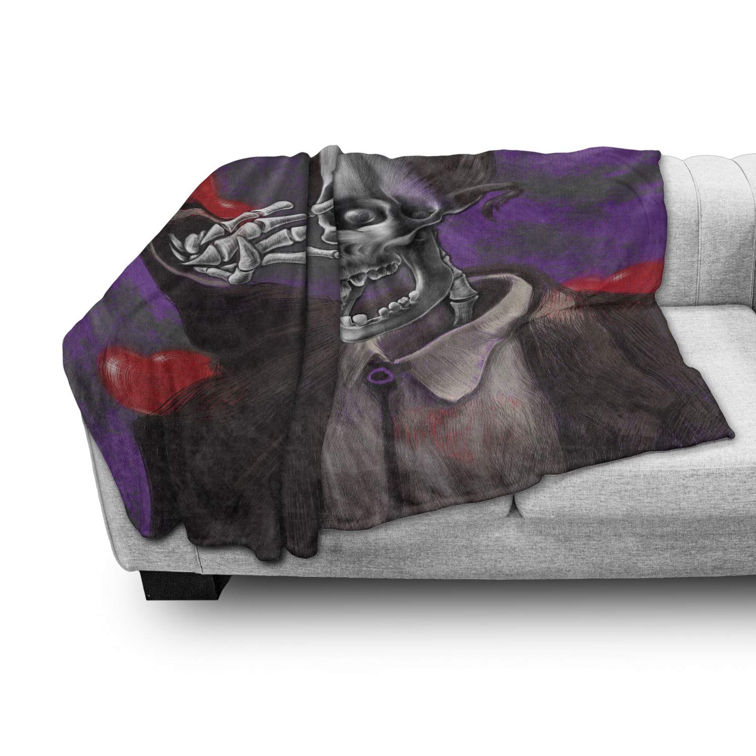Ambesonne Skull Throw Blanket - Gothic Skeleton & Tuxedo Hearts Print, Soft Flannel Fleece Accent Blanket for Couch, Bed, Sofa - 70x90 Inches Black & Red - Perfect for Halloween Decor, Gothic Home Decor, and Cozy Winter Nights