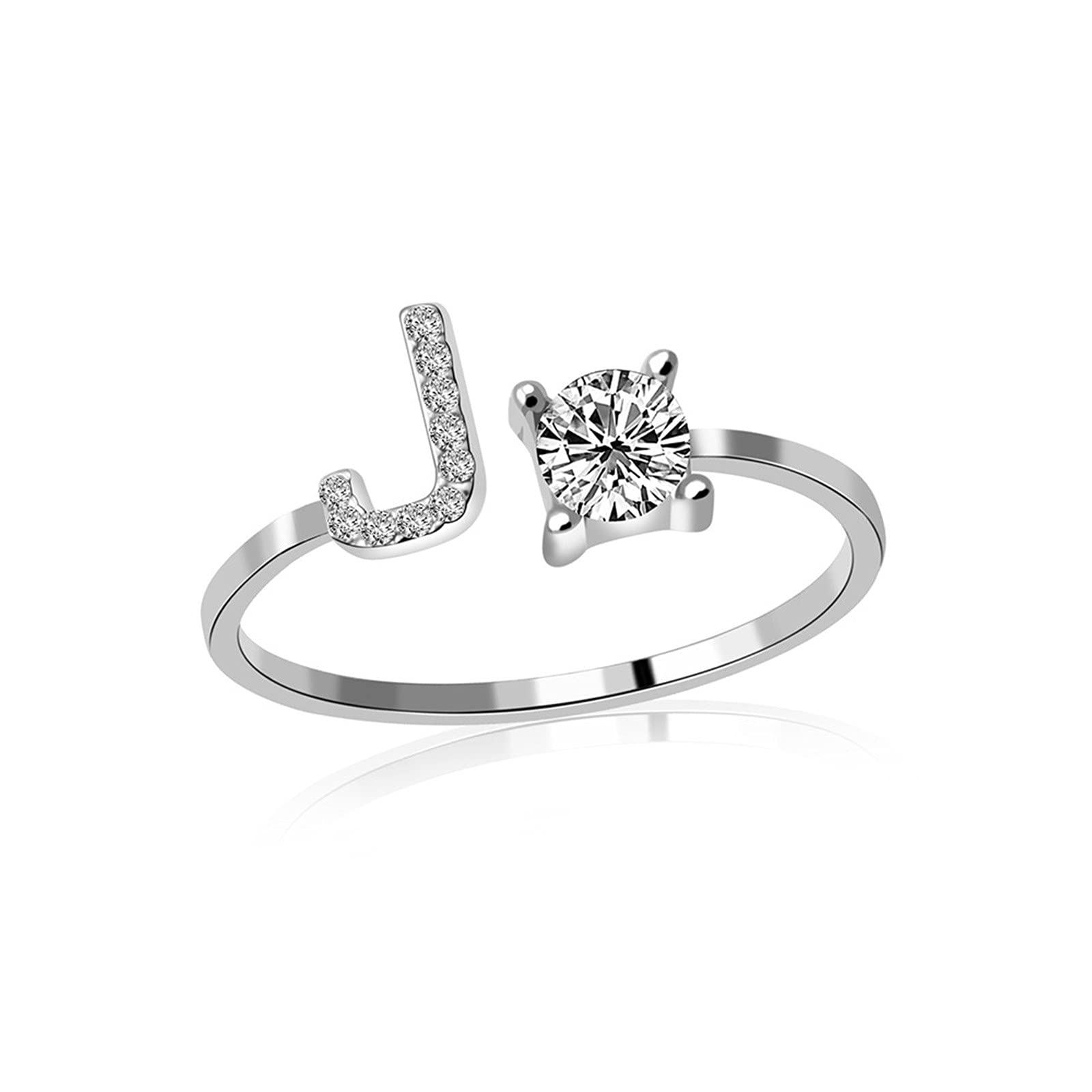 26 English Alphabet Rings for Women - Adjustable Silver Letter Rings with Zircon, Personalized Jewelry for Women & Girls - Perfect for Mother's Day, Wedding, Anniversary, Birthday Gifts (Letter J) - Great for Everyday Wear, Parties, and Special Occasions
