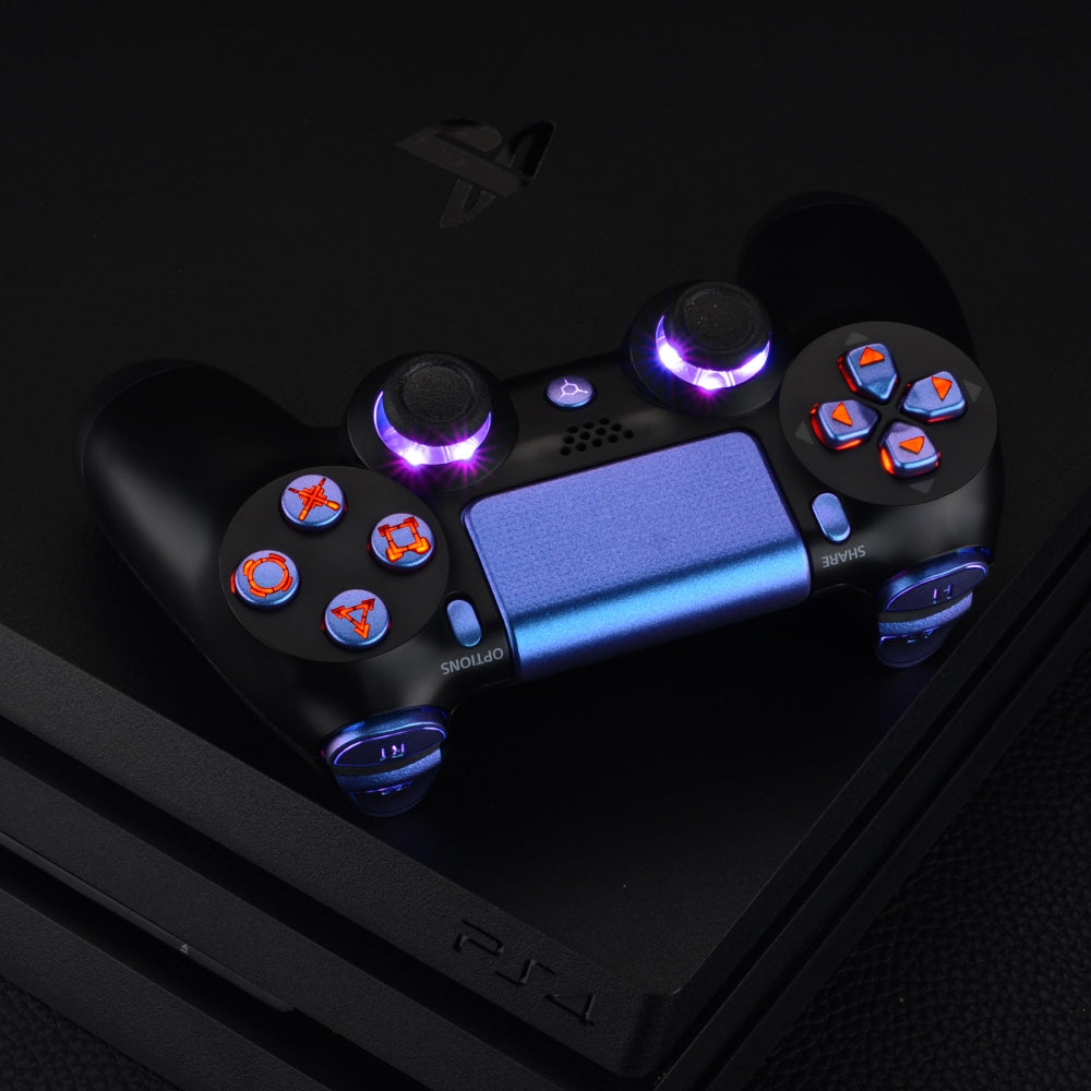 eXtremeRate Multi-Color LED Illuminated Buttons DTFS Kit for PS4 CUH-ZCT2 Controller - Chameleon Purple & Blue - Enhance Gaming Experience with Custom Lighting