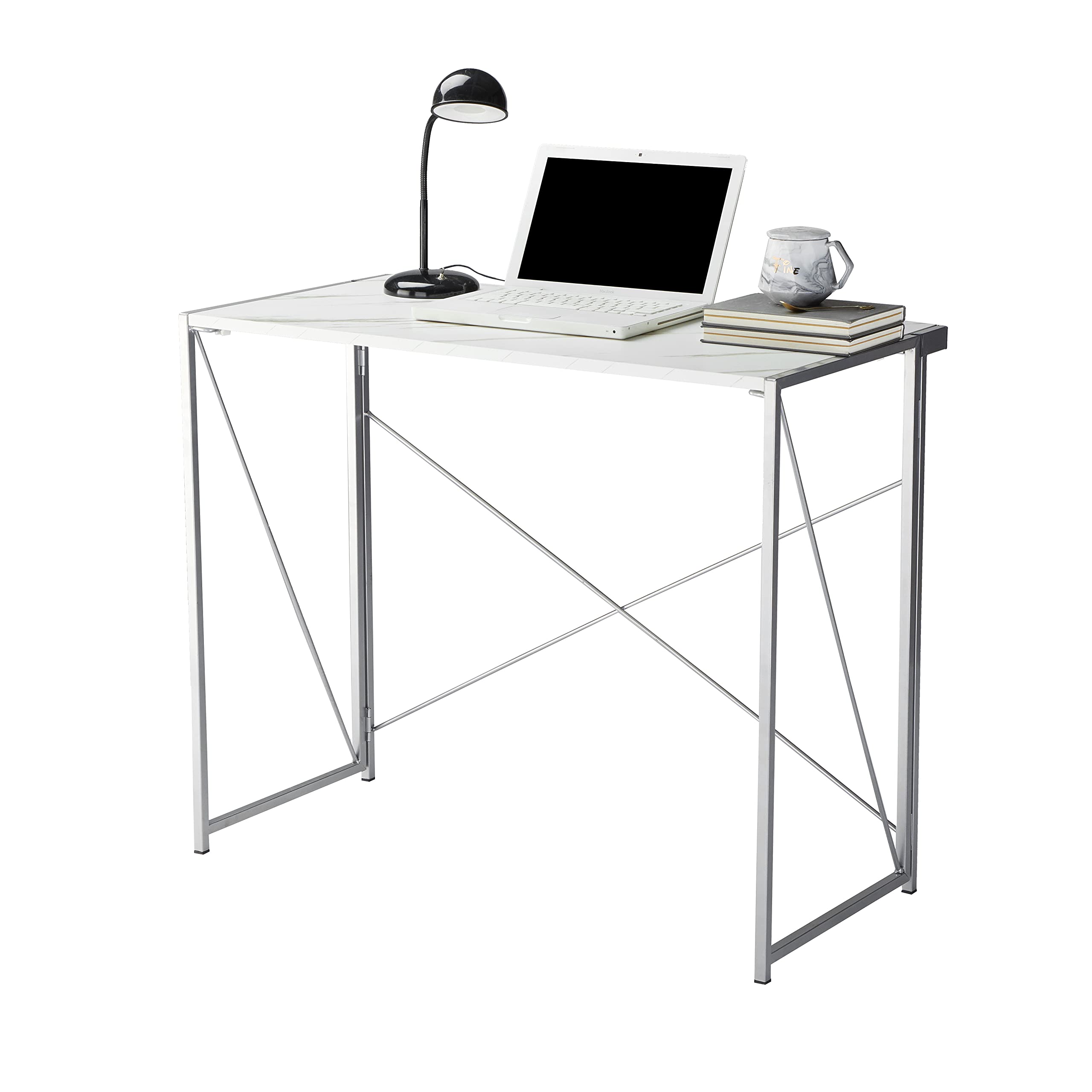 Urban Shop Foldable Computer Desk - Marble/Silver Finish, Space-Saving Home Office Desk for Small Spaces, Dorm Room, or Apartment - Perfect for Remote Work, Online Classes & Gaming Setup