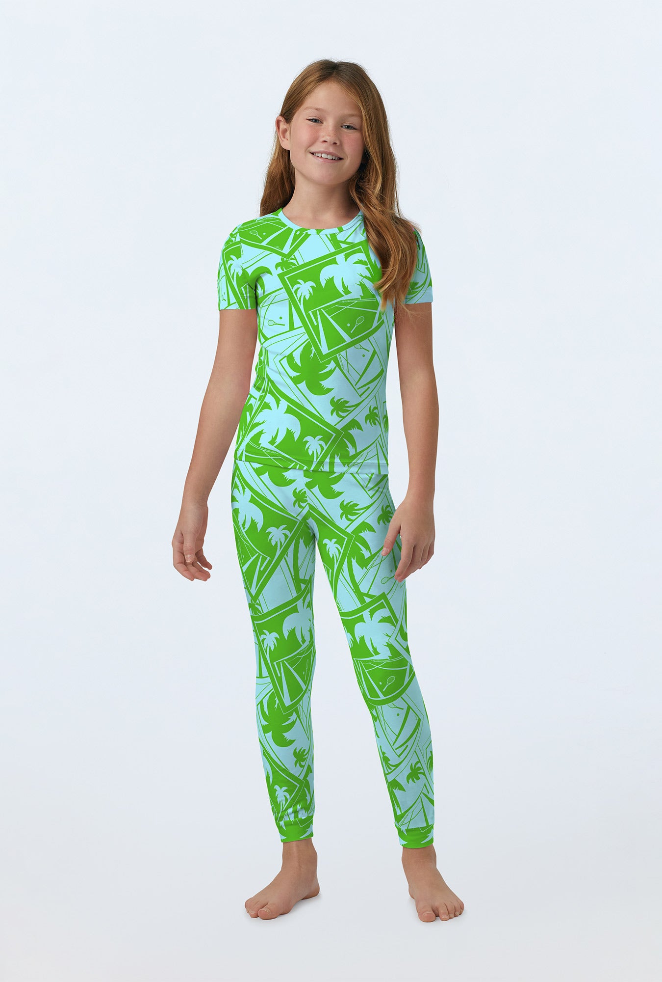 Trina Turk Blue Tennis Court Short Sleeve Stretch Jersey Kids PJ Set - Comfortable Cotton Sleepwear for Girls & Boys - Perfect for Sleepovers, Travel & Cozy Nights