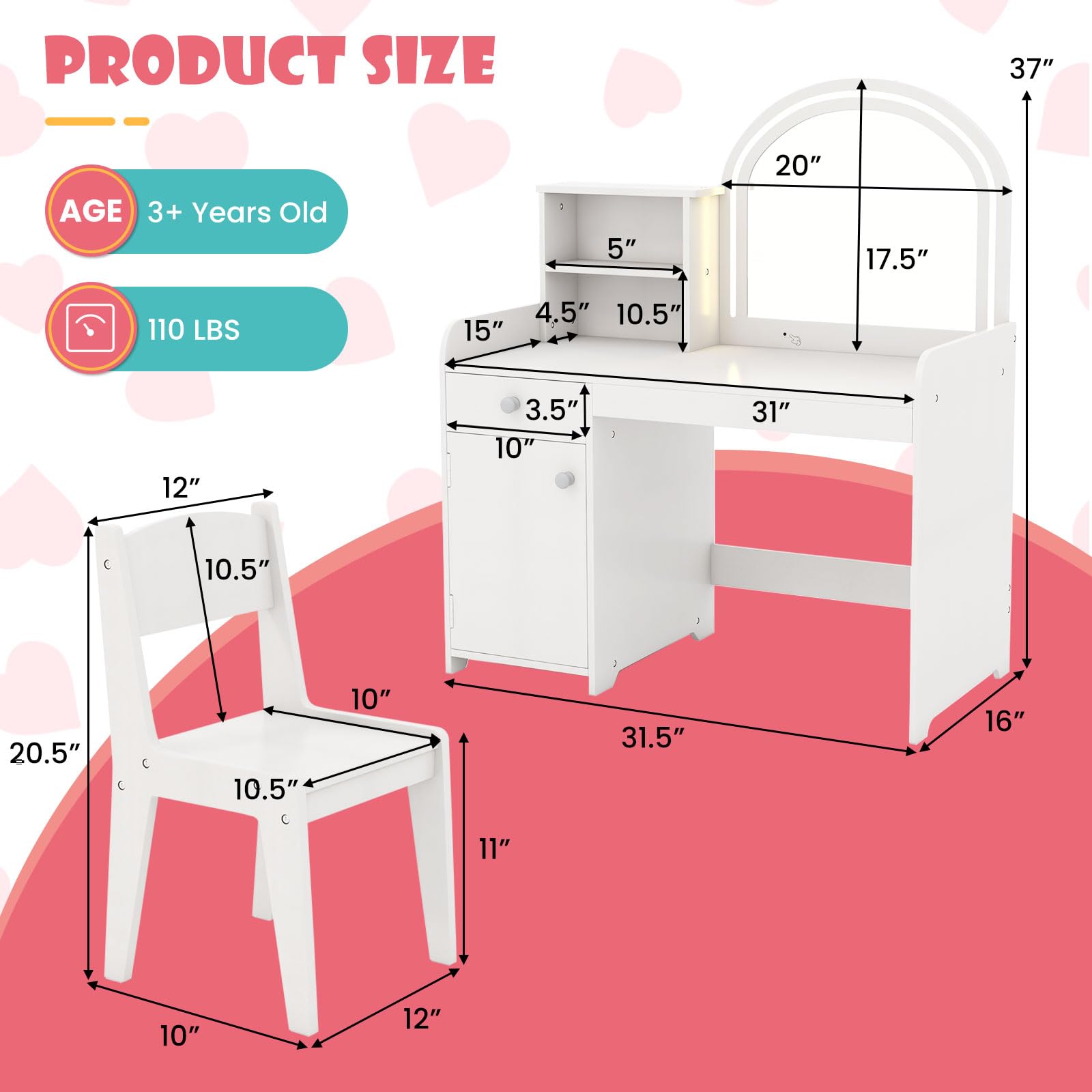 INFANS Kids Vanity Set - Princess Makeup Desk & Chair with LED Mirror, Storage Drawers & Shelves | Wooden Dressing Table for Pretend Play | Perfect Birthday Gift for Toddler Girls (Pink/White) - Great for Bedroom Decor & Imaginative Play