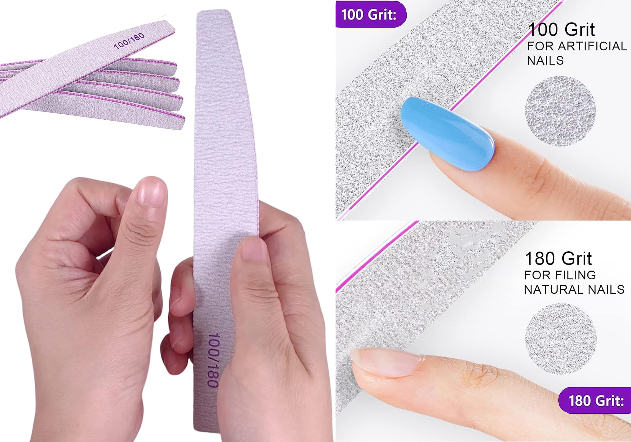 AKOAK 10-Piece Professional Nail File Set - Half Moon Shape, Purple Core, Double-Sided Buffing & Polishing Manicure Tools for Home & Salon Nail Care - Perfect for DIY Manicures, Pedicures and Nail Art