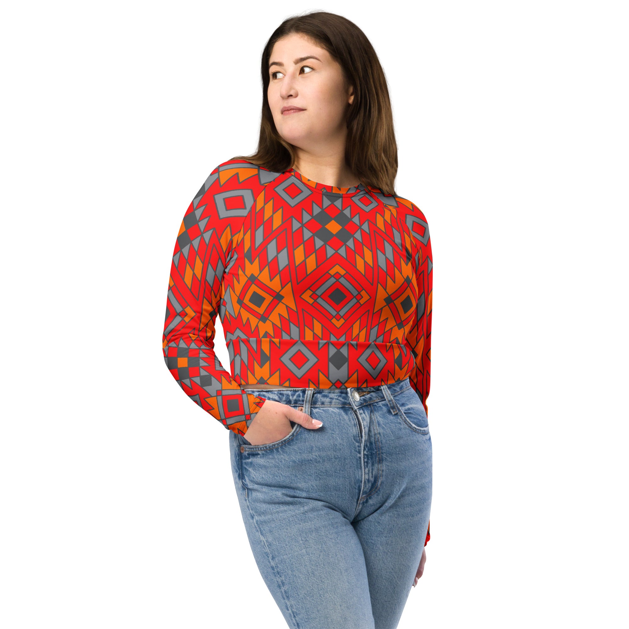 Eco-Friendly Southwestern Print Long Sleeve Crop Top | Sustainable Recycled Fabric | Perfect for Music Festivals & Boho Fashion