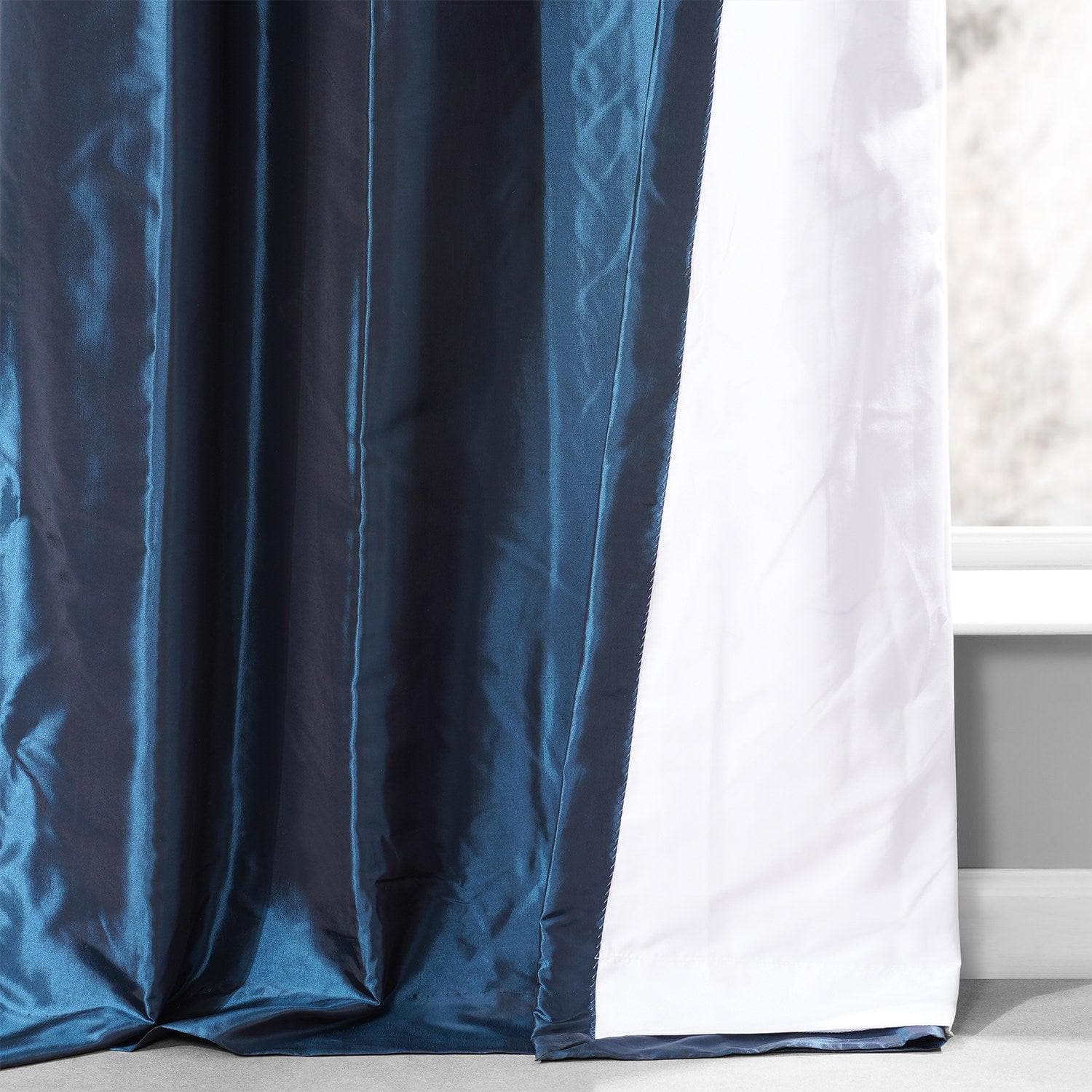 Navy Blue Ruched Faux Silk Taffeta Blackout Curtains for Bedroom - Elegant Room Darkening Window Drapes for Living Room & Nursery