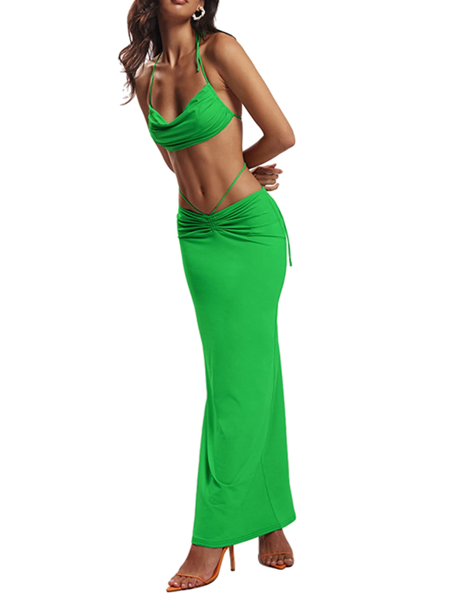 Stylish Women's Summer Outfits - Halterneck Sleeveless Backless Tops with Casual Bandage Long Skirt Set | Perfect for Beach Vacation, Date Night & Summer Parties