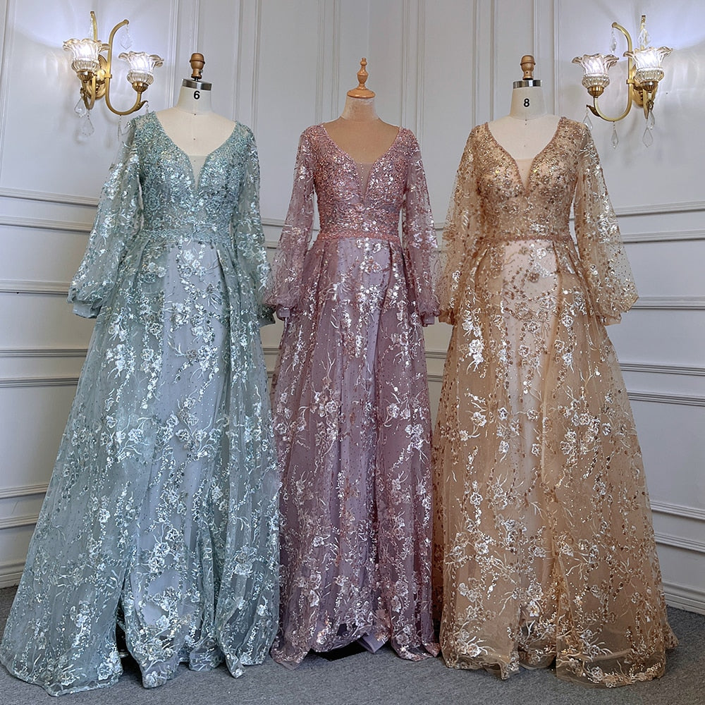 Luxury Beaded Muslim Gold Mermaid Evening Dress with Elegant Puff Sleeves & V-Neck - Women's Formal Gowns for Parties, Weddings & Special Occasions 2025 | Serene Hill LA71761
