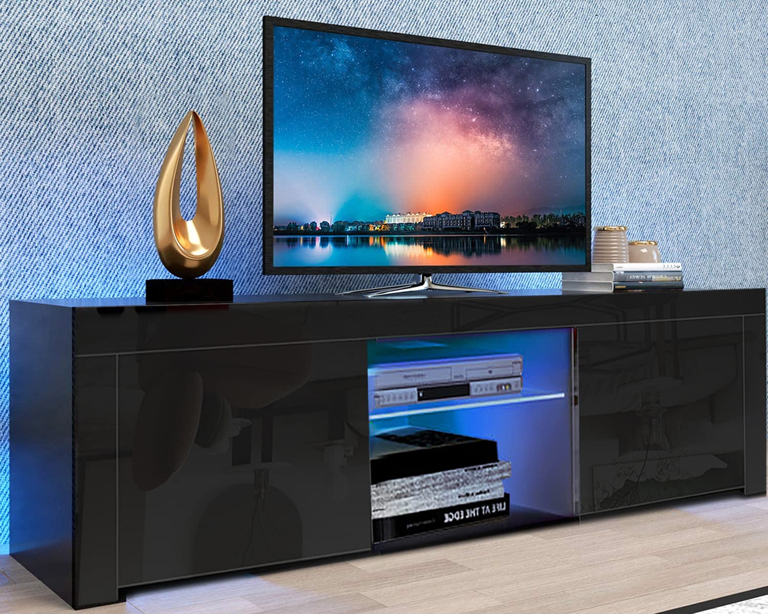 Goujxcy 60 inch LED TV Stand with Storage Cabinet - High Gloss Entertainment Center & Media Console Table for Living Room - Perfect for Home Theater Setup & Living Room Organization