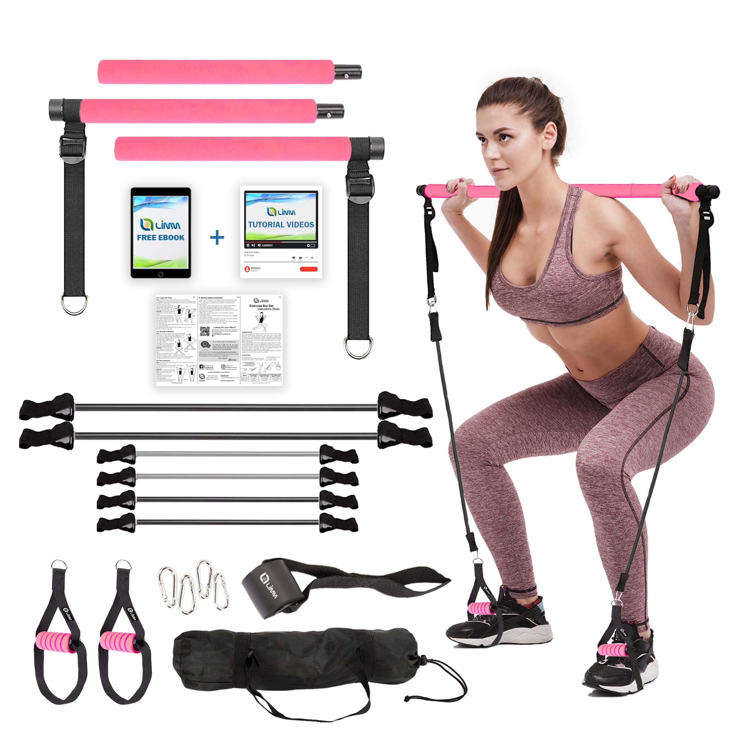 Pilates Bar Kit with Resistance Bands - 3-Section Adjustable Yoga Stick for Home Workouts - Portable Exercise Equipment for Men & Women - Full Body Toning, Stretching & Yoga Training - Perfect for Home Gym, Office & Travel Fitness
