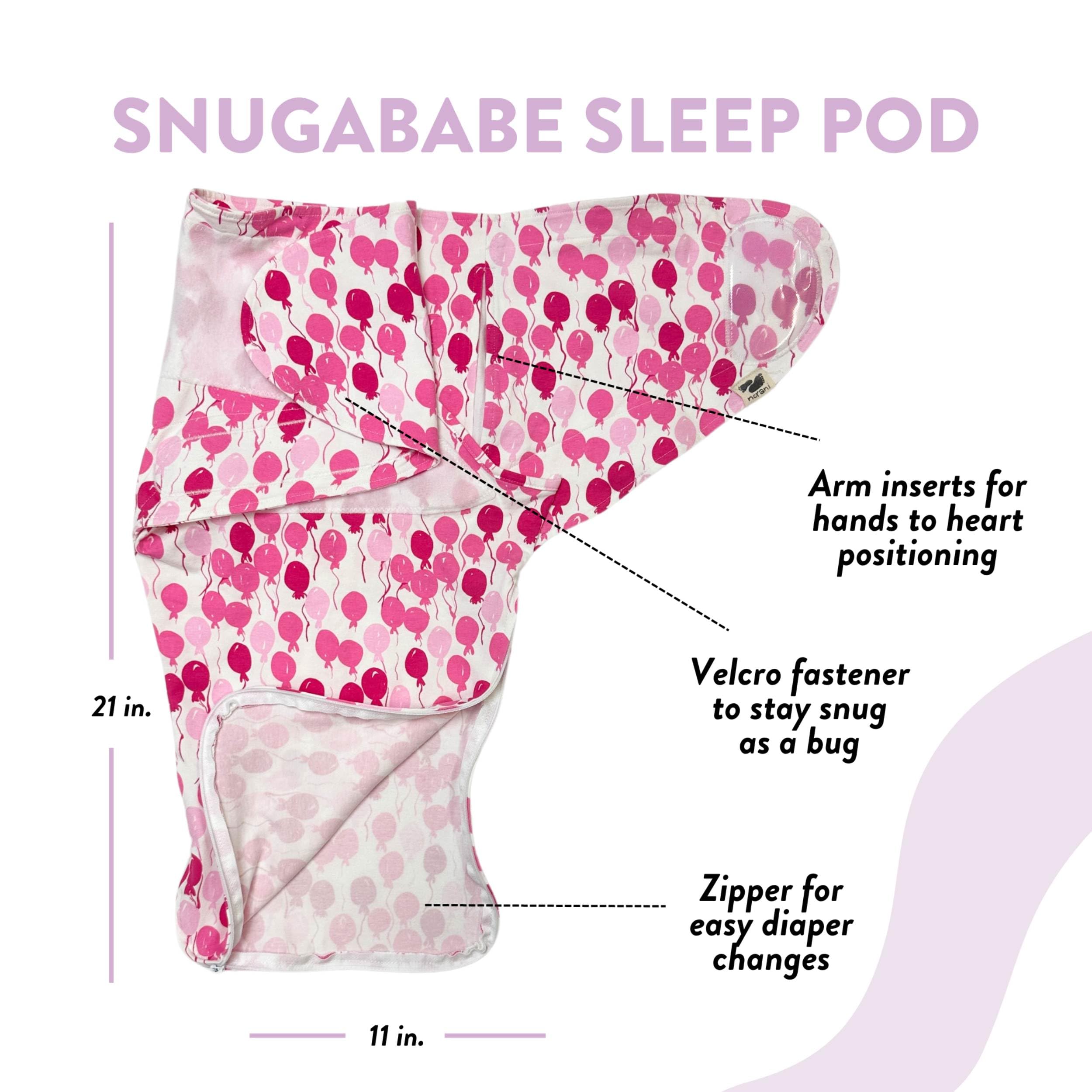 Norani Baby Snugababe Swaddle Pod for Newborns 0-3 Months - Secure Arm Inserts, Easy-Zip Diaper Changes, Breathable Cotton - Award-Winning Infant Sleep Solution (Pink Balloons) - Perfect for Nursery, Hospital & Travel
