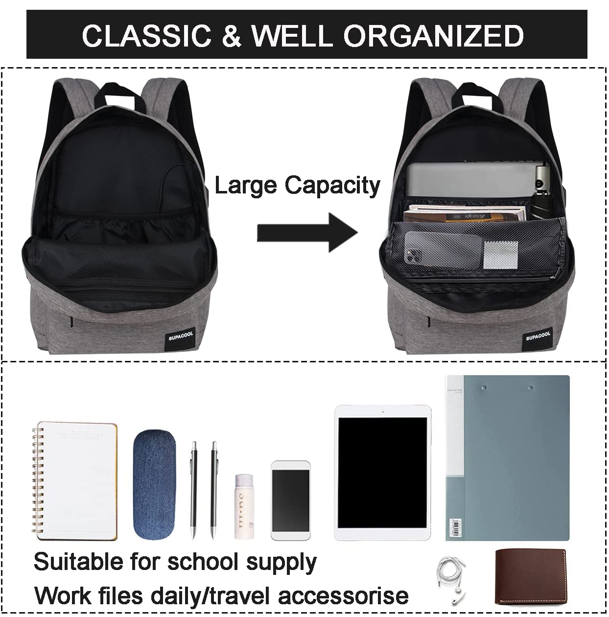 SUPACOOL Lightweight Laptop Backpack with USB Charging Port - Water-Resistant College Backpack for Men & Women (Light Grey) - Perfect for Work, School & Travel