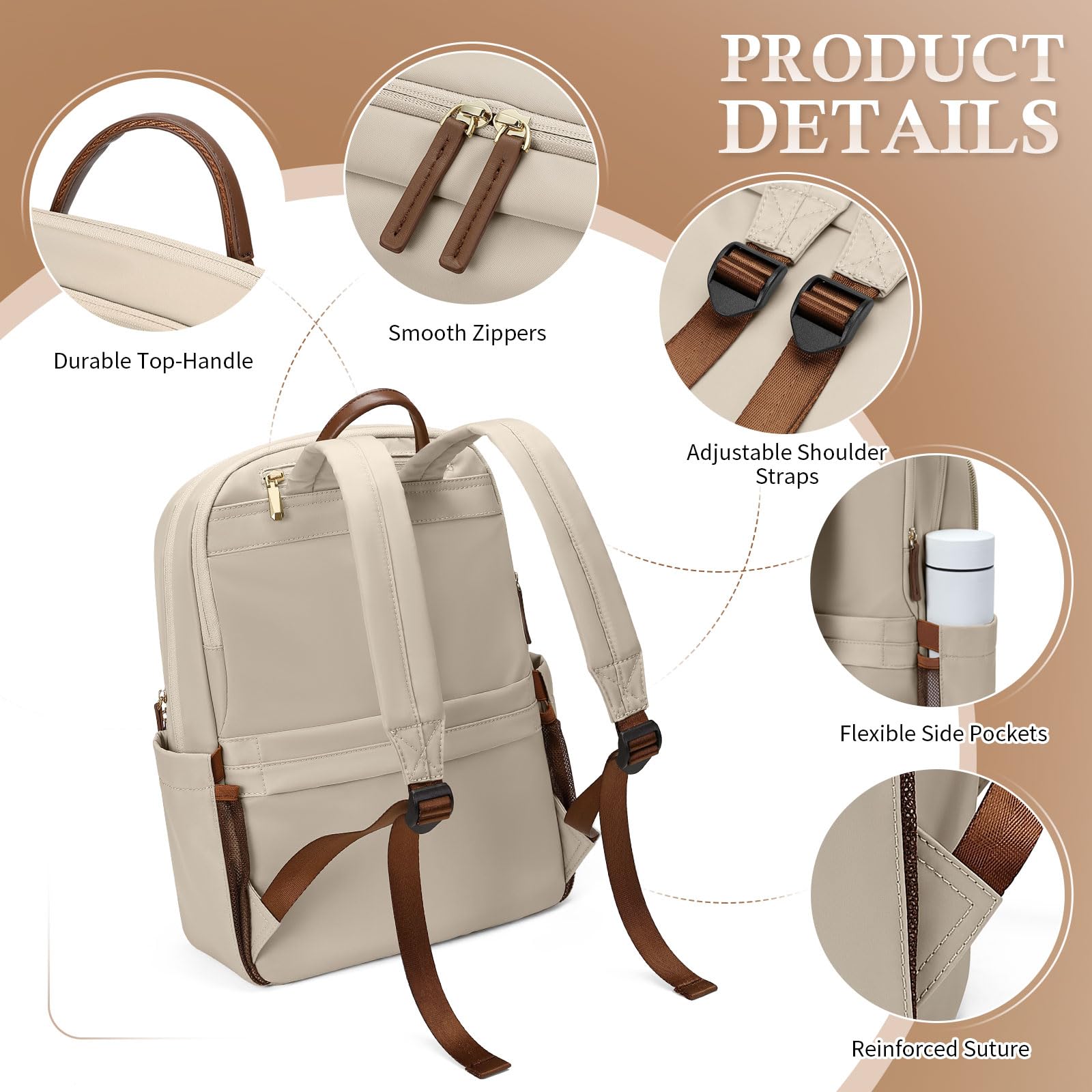 Stylish Women's Backpack with Separate Laptop Compartment - Fits 15.6 Inch Notebook, Casual Daypack for Work & Travel - Perfect as Computer Bag or Backpack Purse (Apricot) - Ideal for Office Commute, College Campus & Weekend Getaways