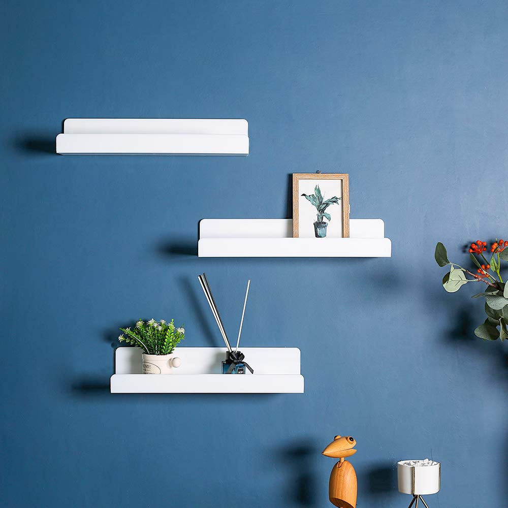 IEEK 15 Inch White Acrylic Floating Wall Shelf - Set of 4 | Modern Wall Mounted Bookshelf for Nursery, Kids Room, Office & Bathroom | 5MM Thick Display Organizer for Books, Decor & Storage | Perfect for Home Organization & Stylish Space Saving Solutions