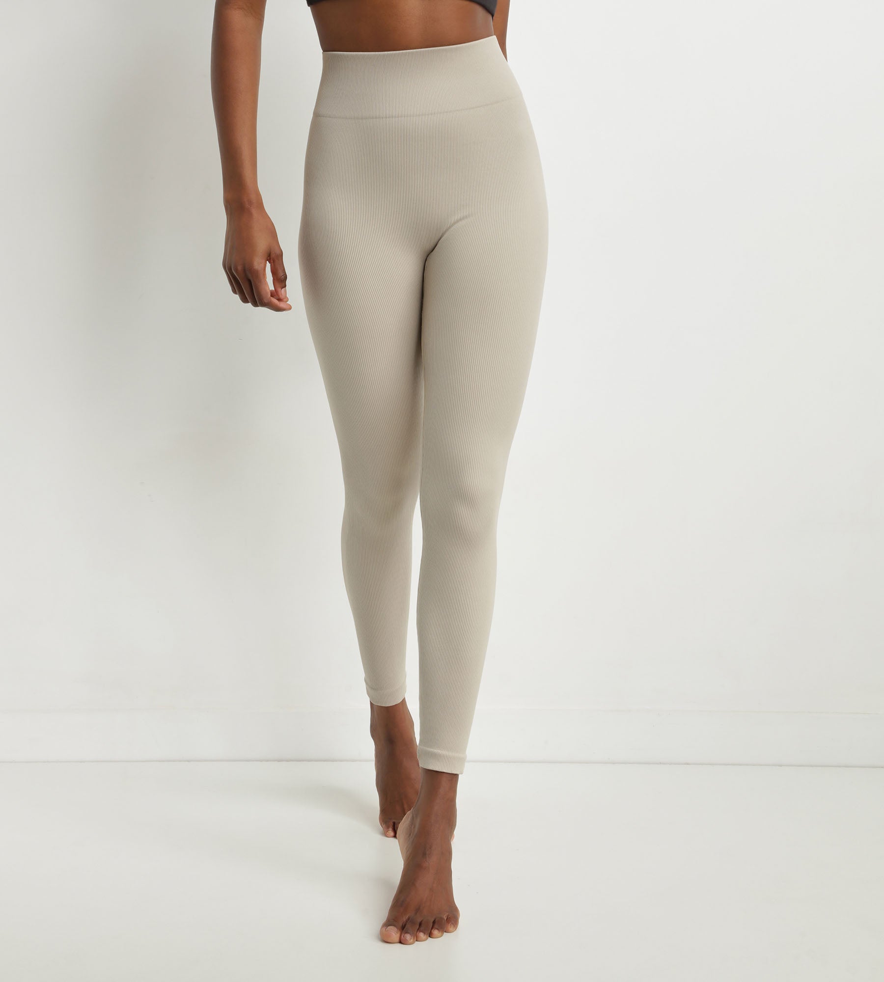 Women's Beige Ribbed Knit Leggings - High Waisted Stretchy Comfortable Yoga Pants for Workout, Lounge & Everyday Wear