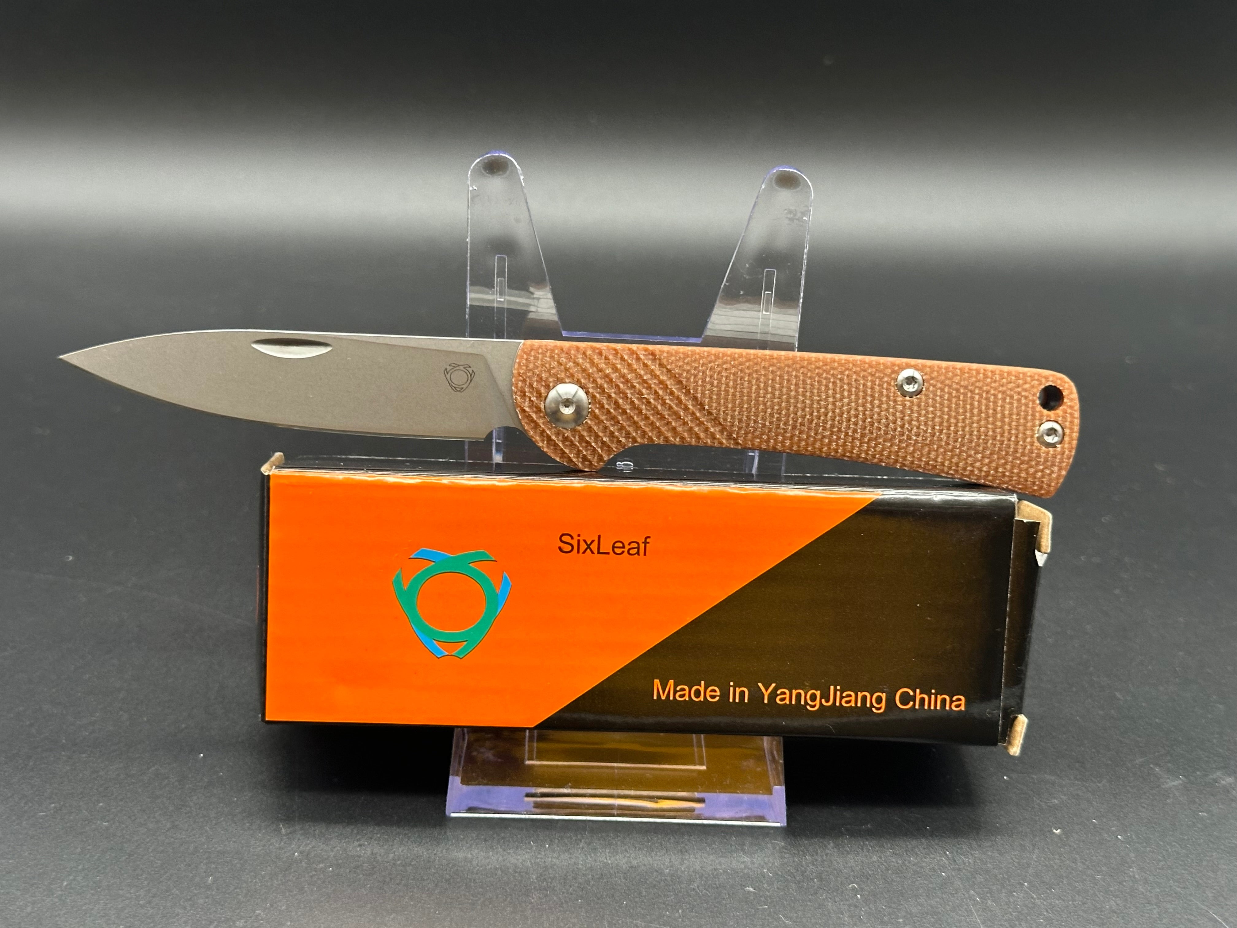 SIXLEAF SL 07 D2 Folding Pocket Knife - Brown Linen Micarta Handle, Plain Edge D2 Steel Blade - EDC, Camping, Outdoor Survival Tool
