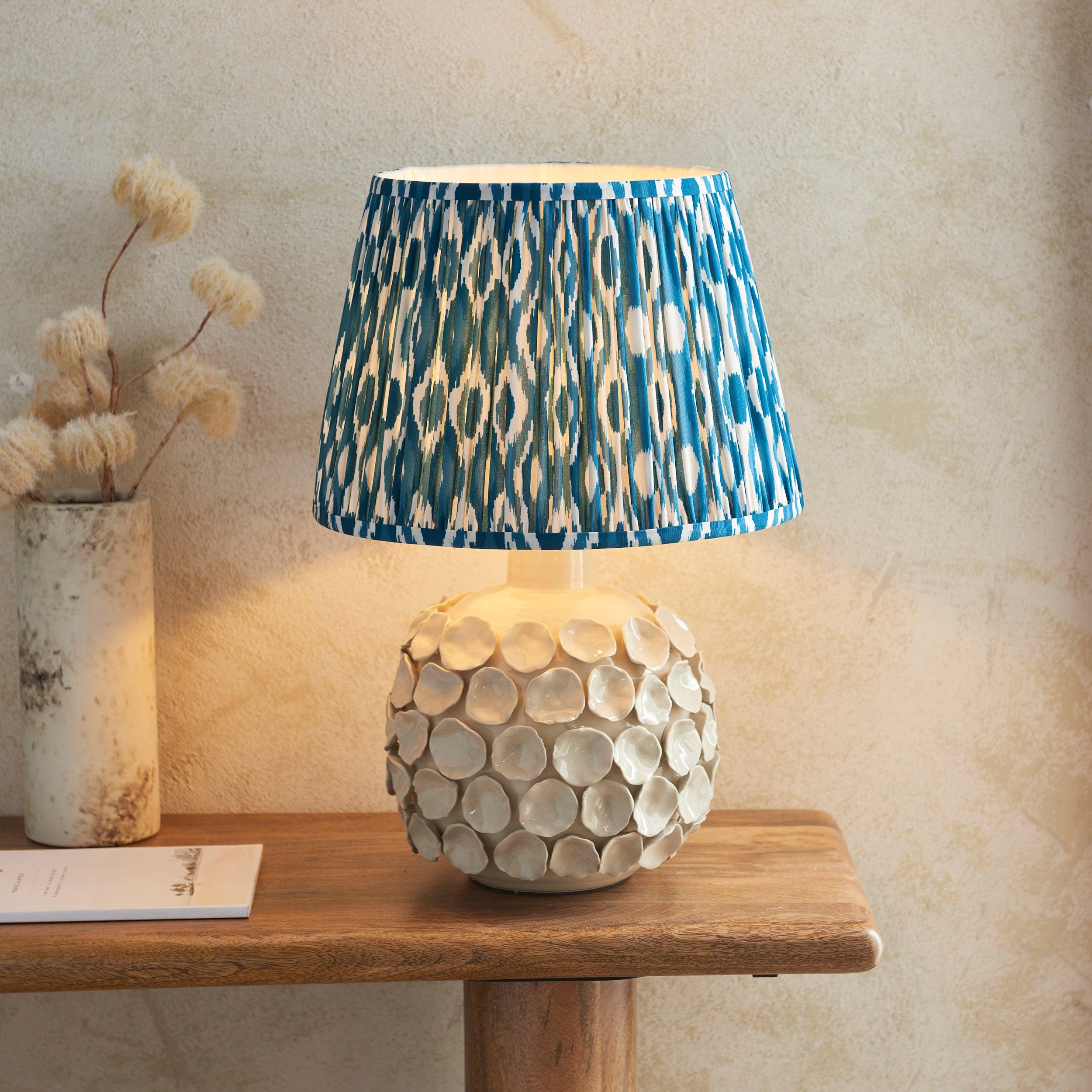 Borello Ivory Ceramic Table Lamp with Ikat 35cm Marlin Blue Shade - Elegant Home Decor for Living Room, Bedroom & Office Lighting