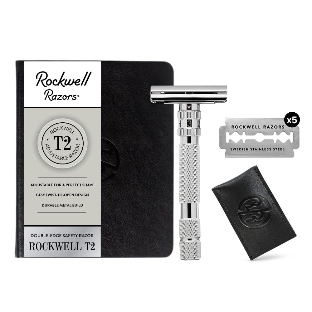 Rockwell Razors T2 Safety Razor with Long Handle - Adjustable Shaving Settings, 5 Stainless Steel Blades & Travel Leather Case - White Chrome Finish - Perfect for Travel & Daily Shaving Routine