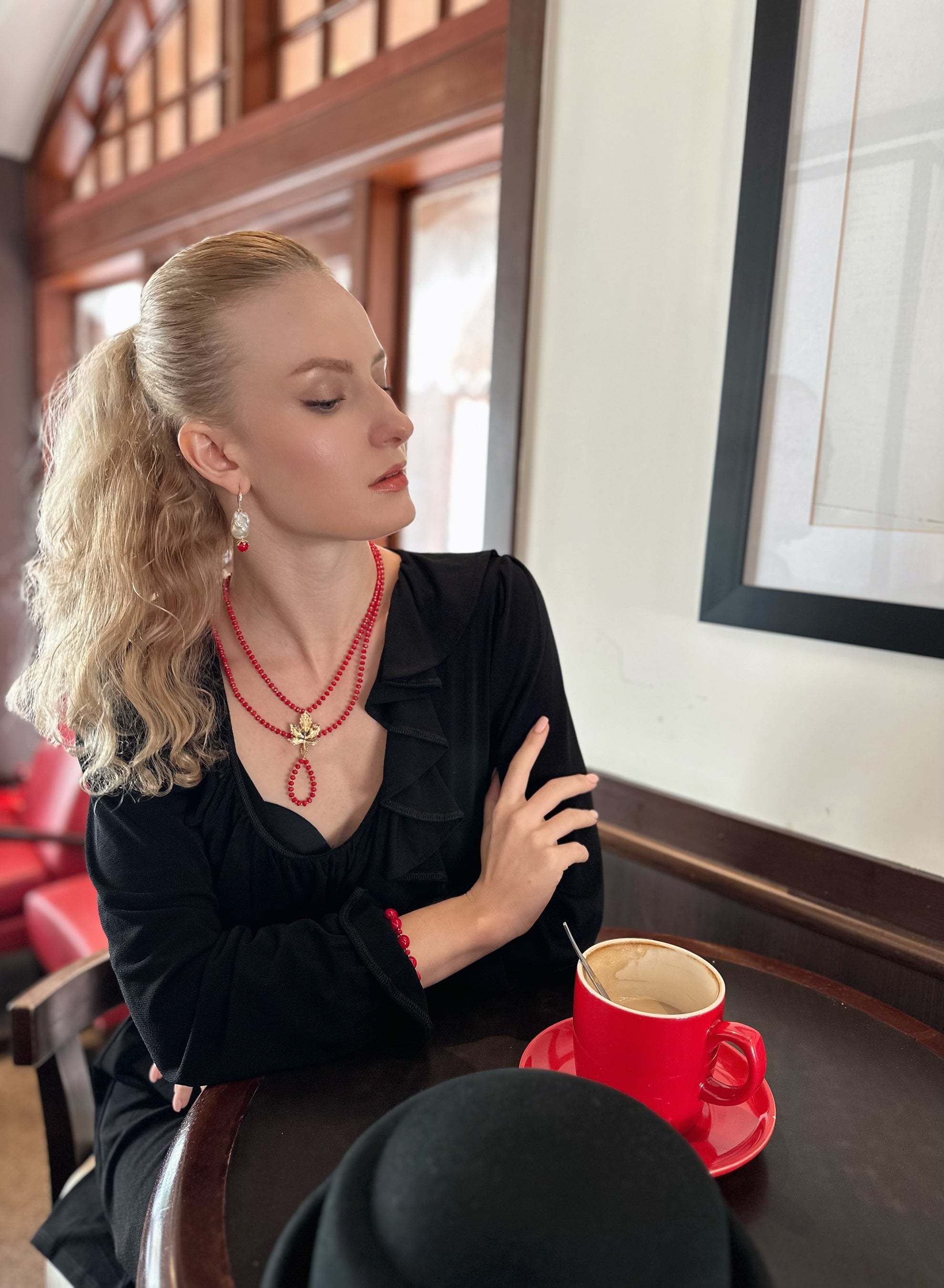 Y Shape Red Bamboo Coral Double Strand Necklace KN047 - Elegant Handmade Jewelry for Women, Perfect for Weddings, Parties & Special Occasions