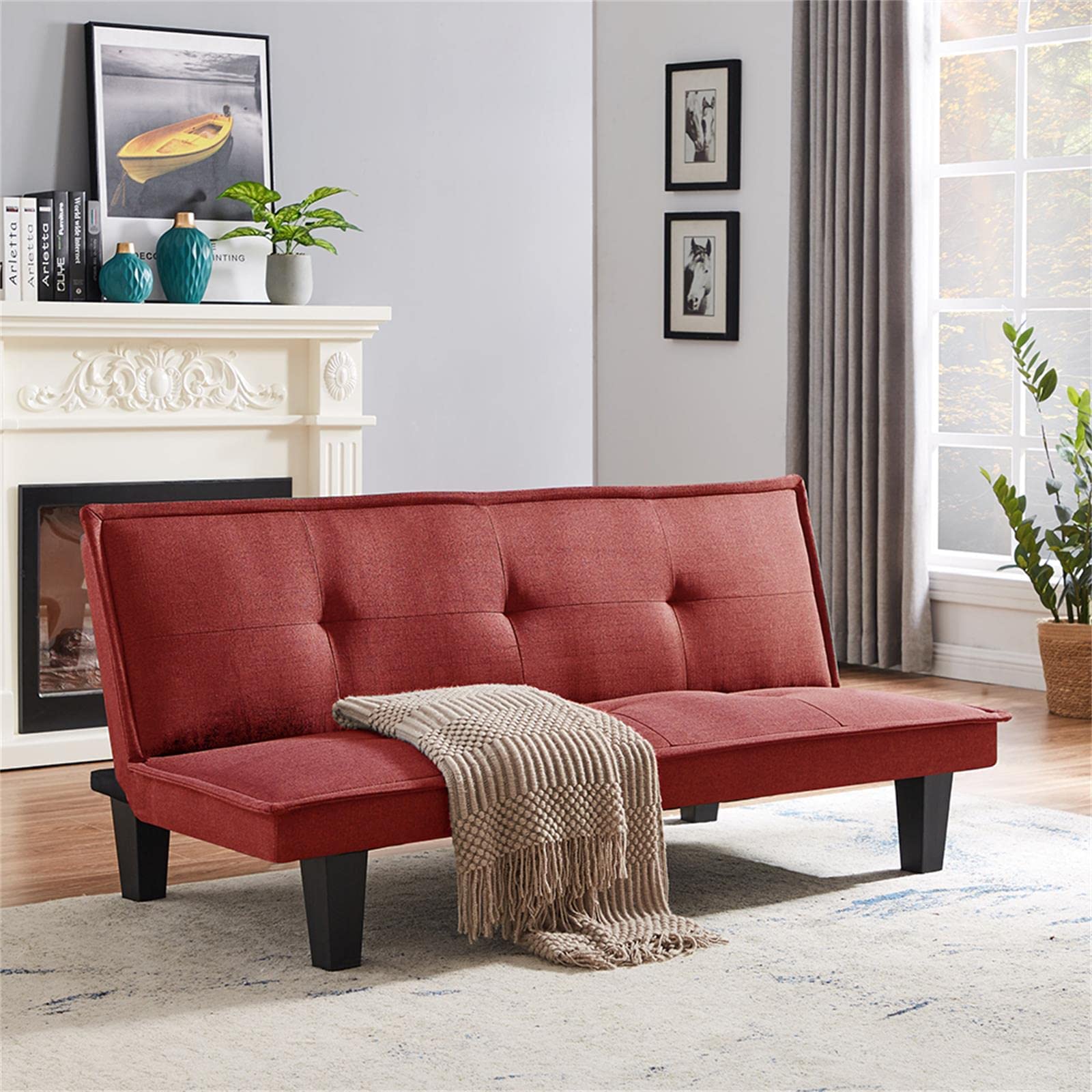 Modern Fabric Convertible Folding Futon Sofa Bed Sleeper - Space Saving Furniture for Small Living Room, Apartment & Dorm | Pull Out Couch with Removable Plastic Legs (Red) | Perfect for Guest Beds, Studio Apartments & Small Spaces