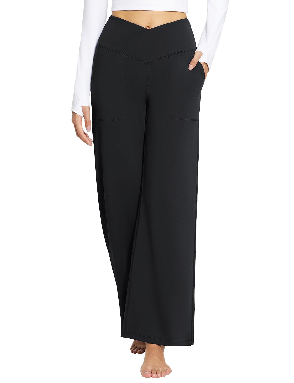 Baleaf Women's Wide Leg Yoga Pants - High Waist Travel Pants with Pockets, Plus Size Loose Dress Pants Full Length for Yoga, Workout & Casual Wear