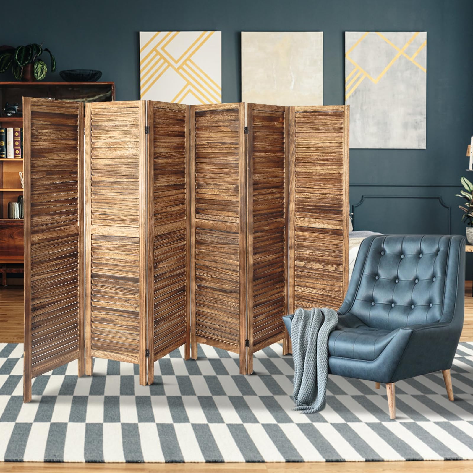 ECOMEX 6 Panel Wood Room Divider - 5.6Ft Tall Folding Privacy Screen with Louvered Design, Freestanding Partition for Home, Office, Restaurant & Bedroom (Brown) | Perfect for Creating Private Spaces, Room Separation & Decoration