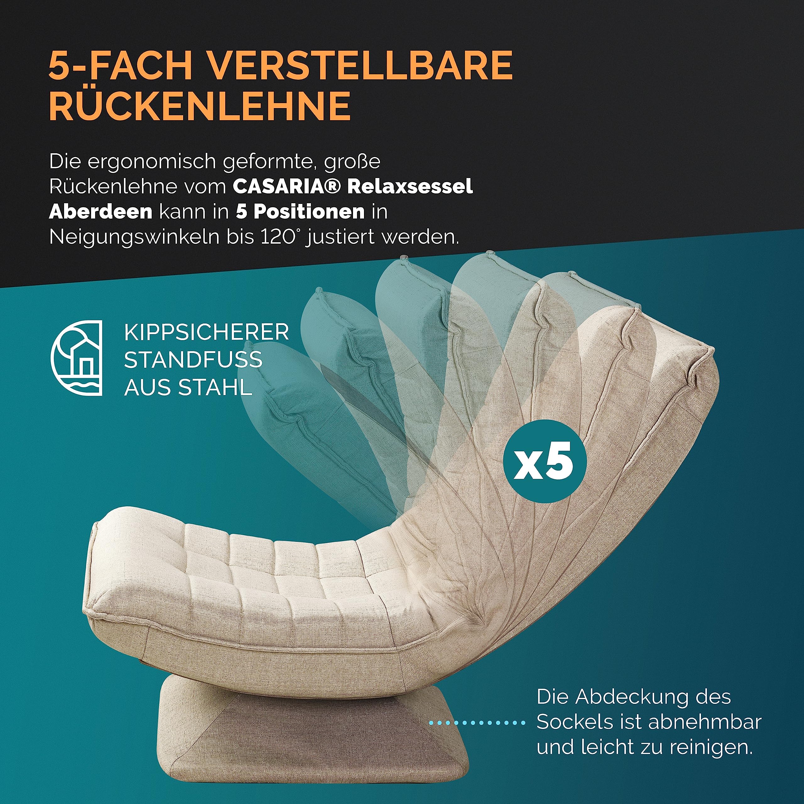 CASARIA® Adjustable Backrest 360° Swivel Floor Chair - Foldable Cream Upholstered Lounge Chair, Supports Up to 150kg (60x105x87cm) - Perfect for Living Rooms, Bedrooms & Small Spaces