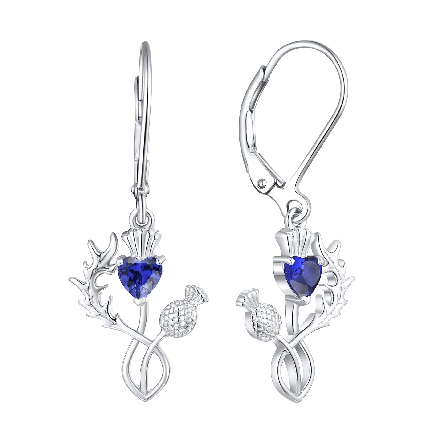 JO WISDOM Scottish Thistle Earrings - 925 Sterling Silver Scotland Flower Heart Outlander Drop Dangle Earrings with 3A CZ Birthstone, Women's Celtic Jewelry for Weddings, Parties & Everyday Wear